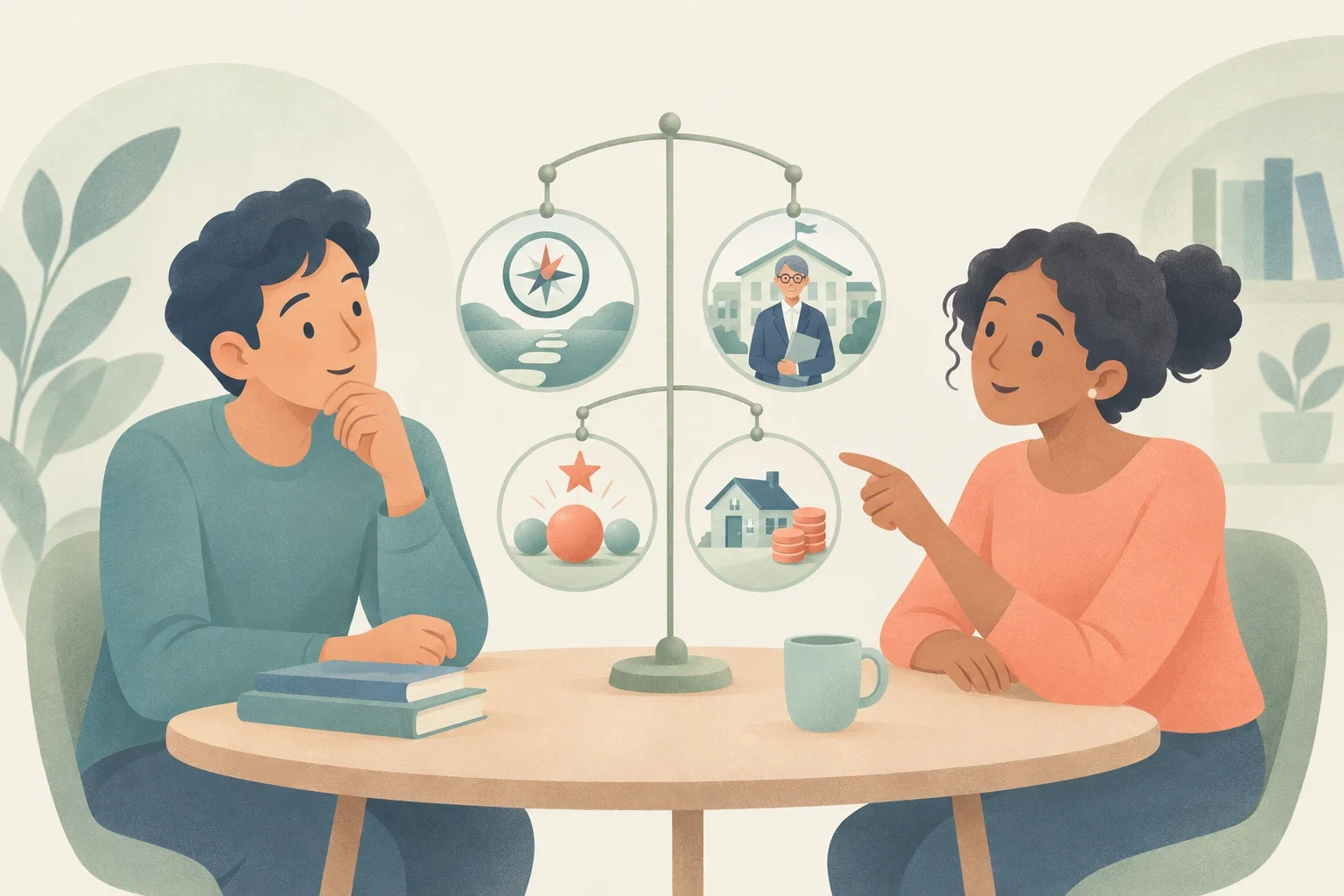 Two people at a table discuss four circular icons representing principle as a guiding compass and principal as a school leader, a primary item, and money.