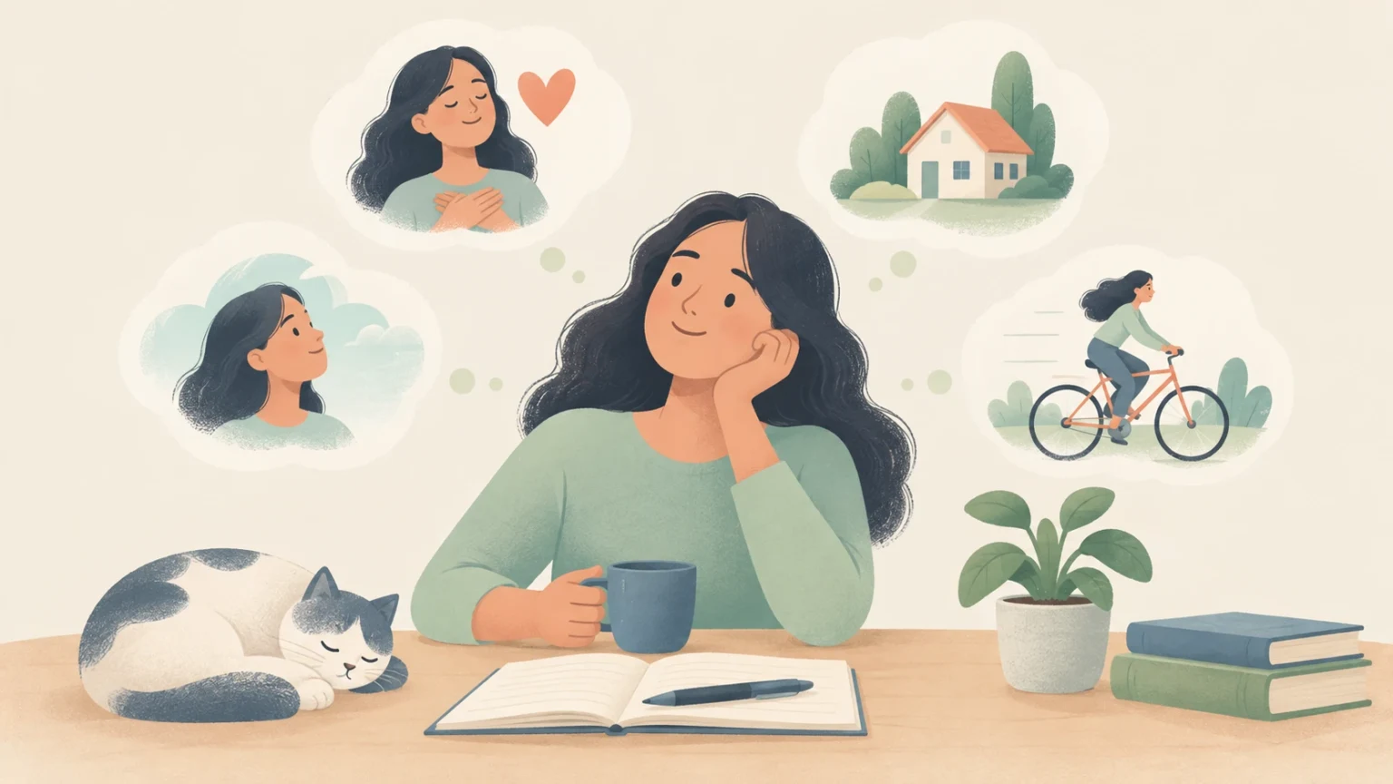 An editorial illustration of a woman at a desk daydreaming, with thought bubbles showing thoughts, emotions, a house, and cycling.