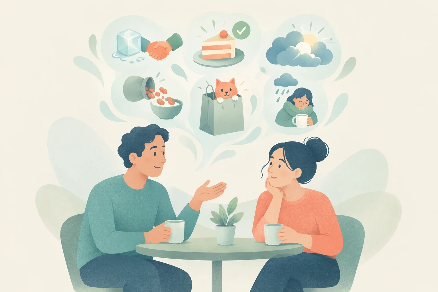 A man and a woman talking at a table with floating bubbles illustrating six idioms, including a piece of cake, spilling beans, and breaking the ice.