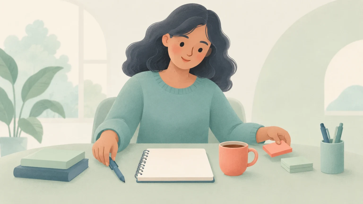 An editorial illustration of a woman sitting at a desk with an open notebook, a coffee mug beside it, and stationery items.