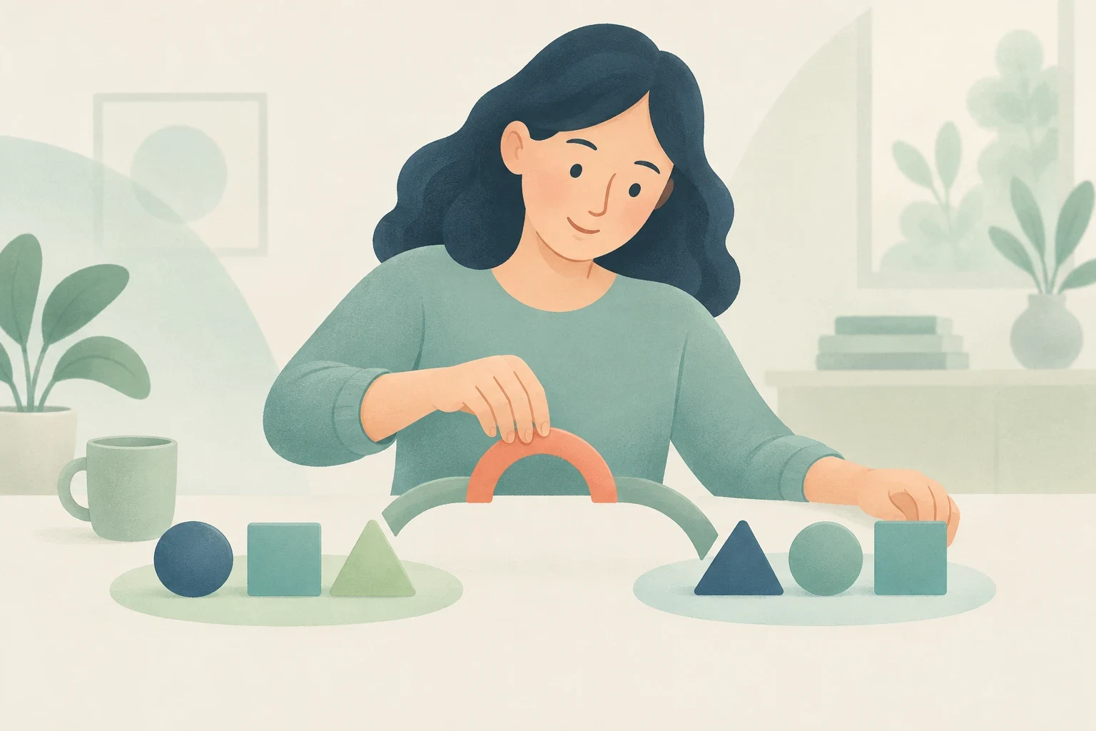 An editorial illustration of a woman connecting two groups of geometric shapes with an arched bridge piece.
