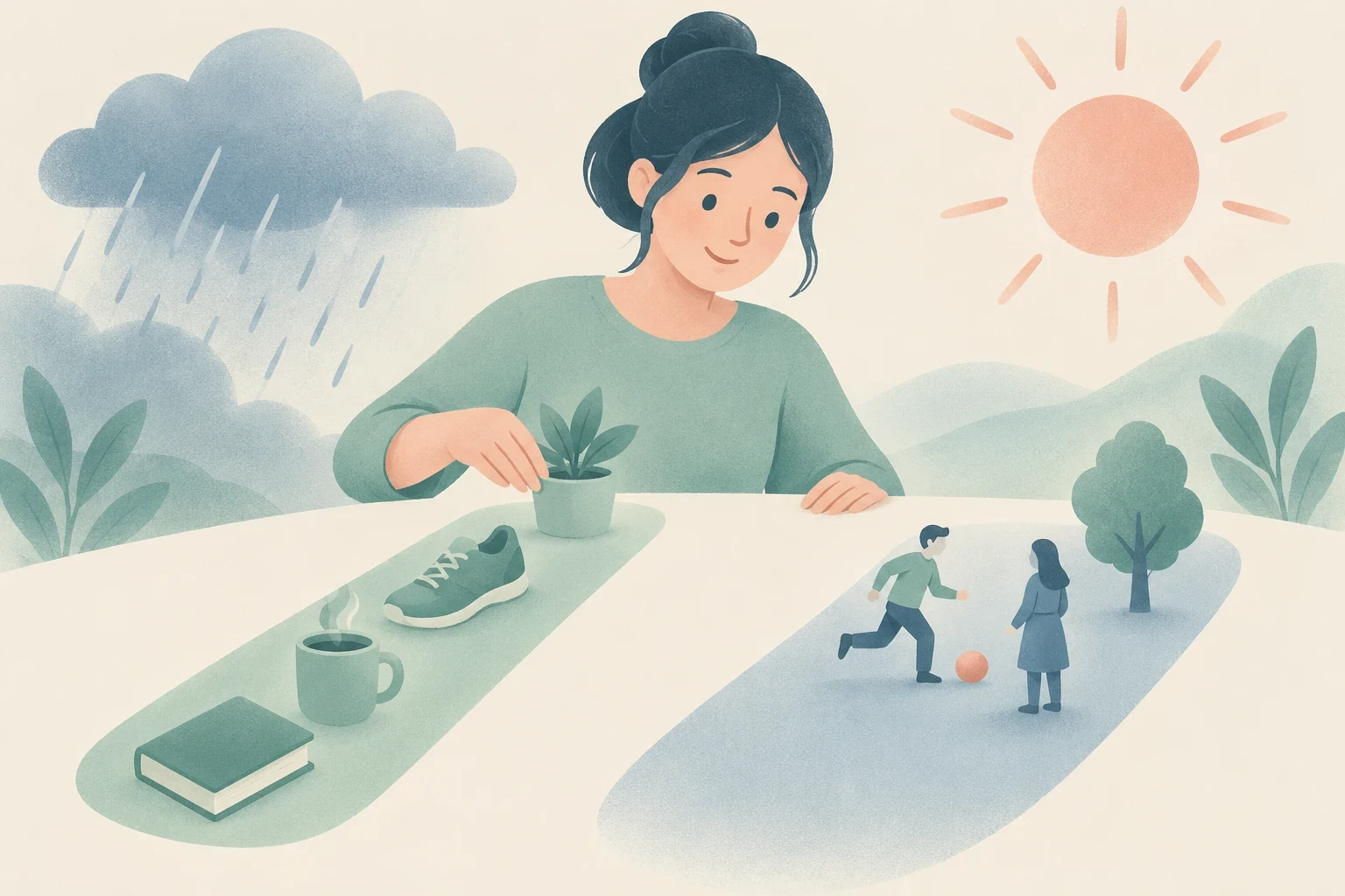 An editorial illustration of a woman at a table with contrasting scenes of objects and children playing soccer, beneath rain and sun.