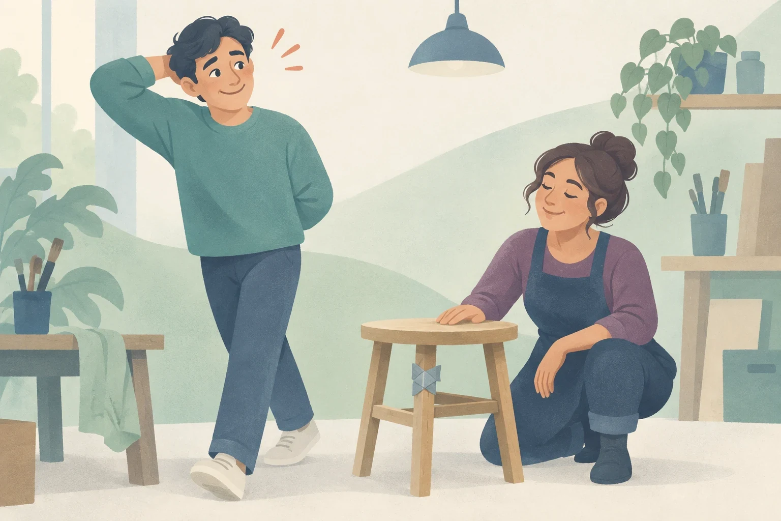 A sheepish man stands beside a woman kneeling by a wooden stool with tape around one leg in a softly colored workshop.