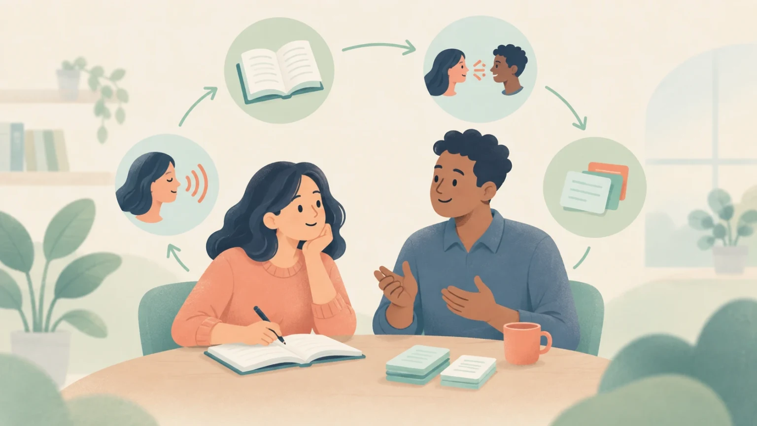 An editorial illustration of two students engaged in a pair discussion at a table with books and notes, surrounded by circular icons showing reading, speaking, revision, and listening.