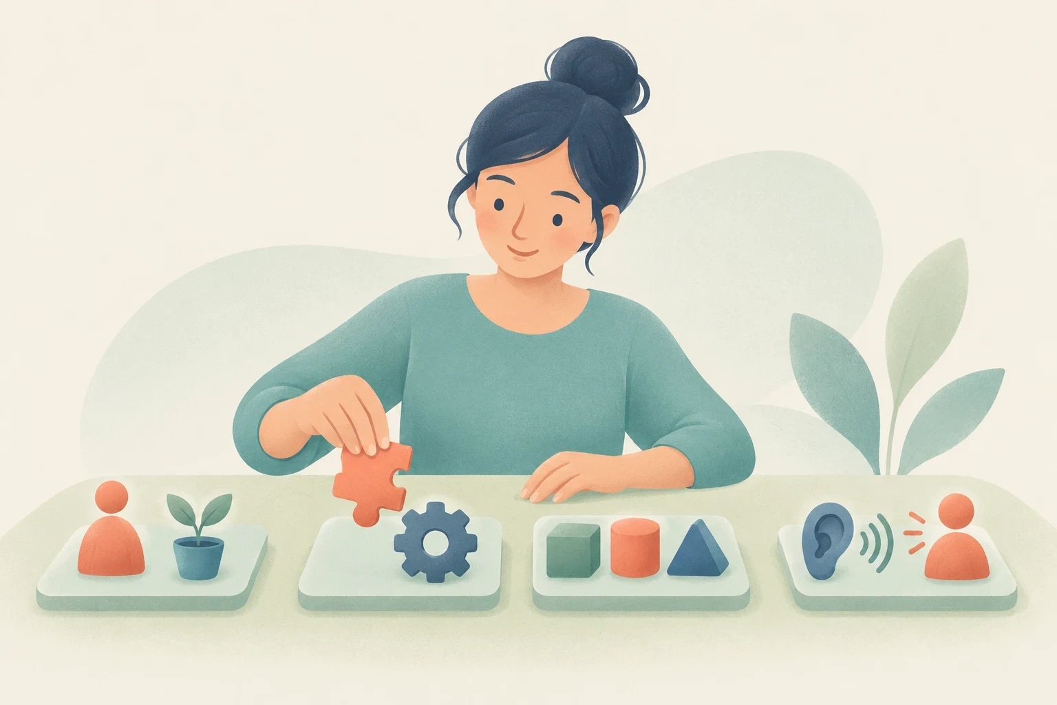 An editorial illustration of a woman seated at a desk arranging four sets of symbolic objects representing language patterns.