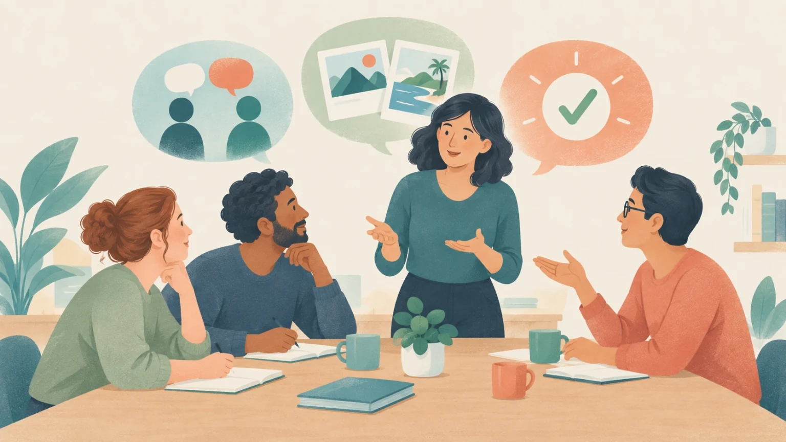 An instructor leads three adult learners at a table, with illustrated bubbles above showing speaking partners, information gap picture cards, and a checkmark.