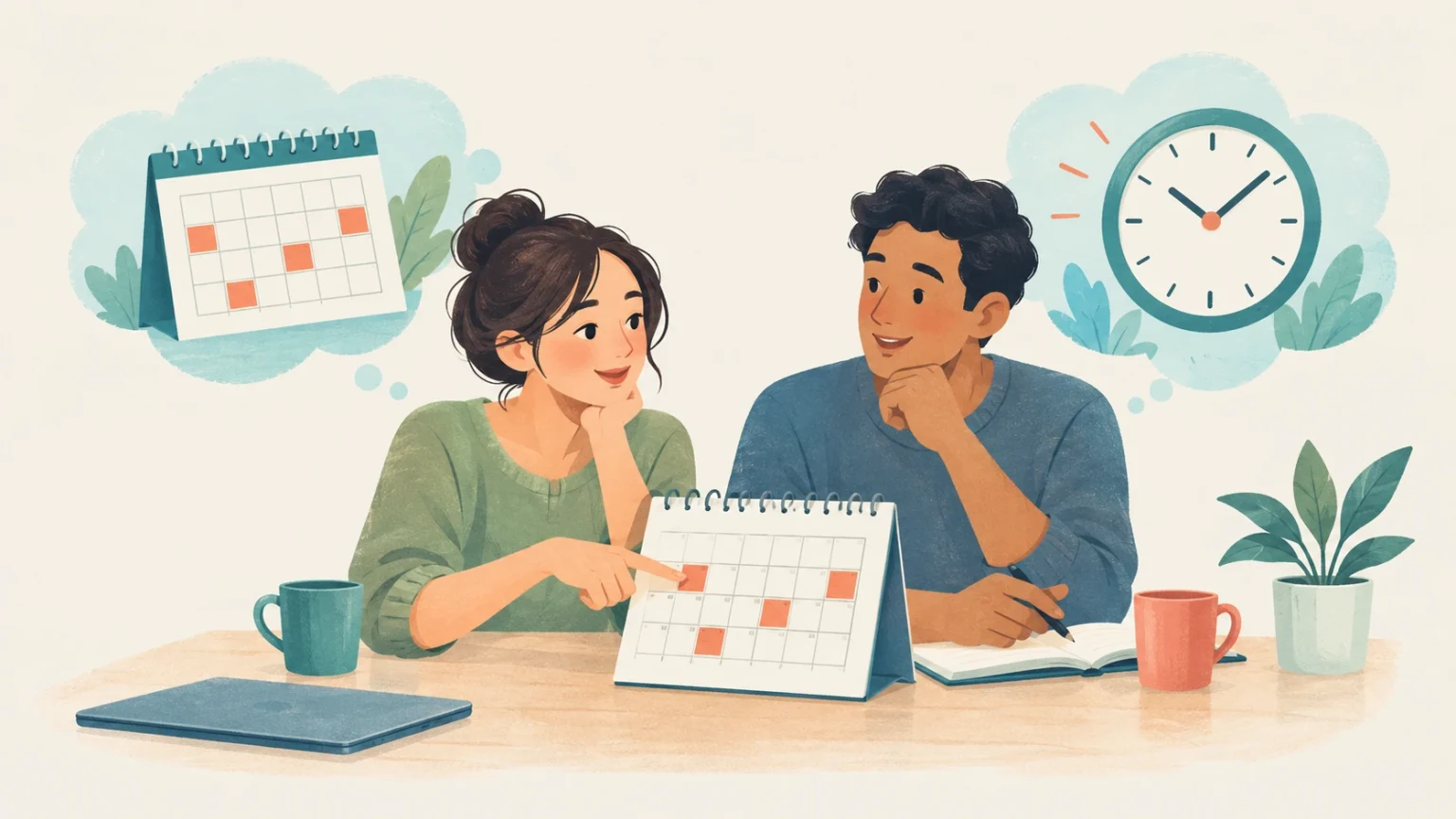Editorial illustration of a man and woman planning at a desk with a calendar, with thought bubbles showing a calendar and a clock.