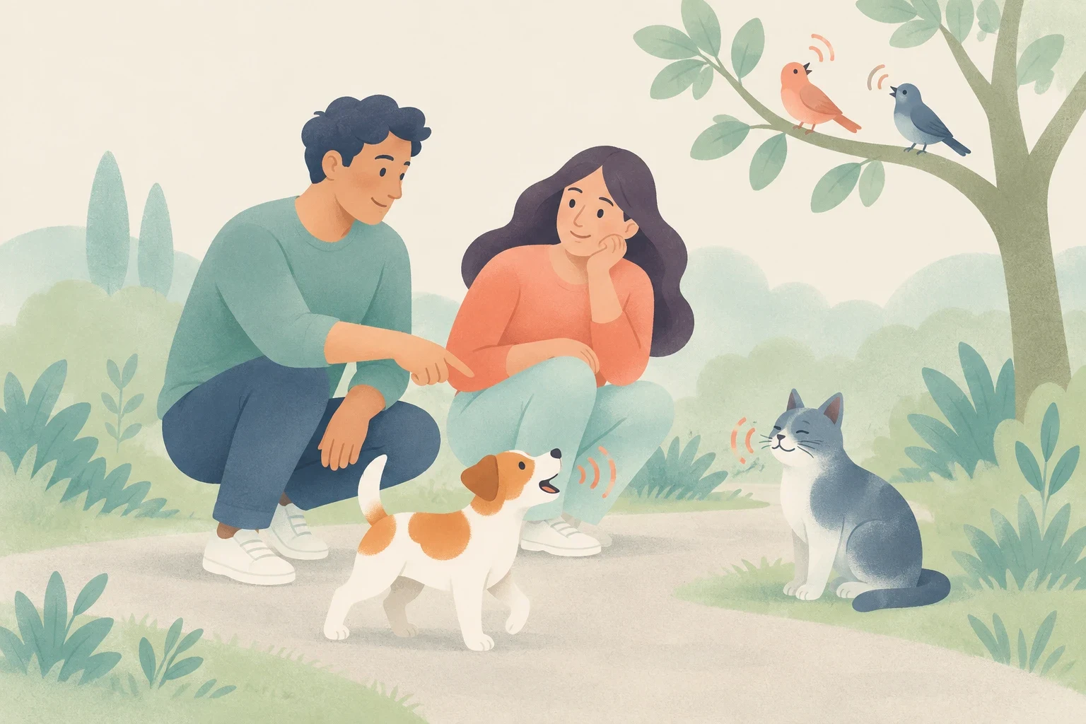 A man and woman crouch on a path, listening to a barking puppy, a sitting cat, and two birds singing from a tree branch.