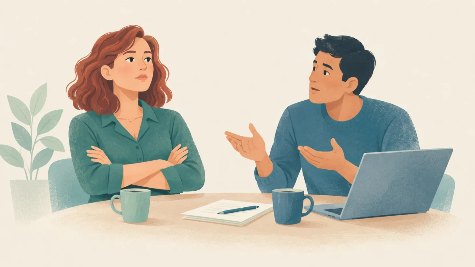 An editorial illustration of an adamant woman with arms crossed sitting at a table with an earnest colleague.