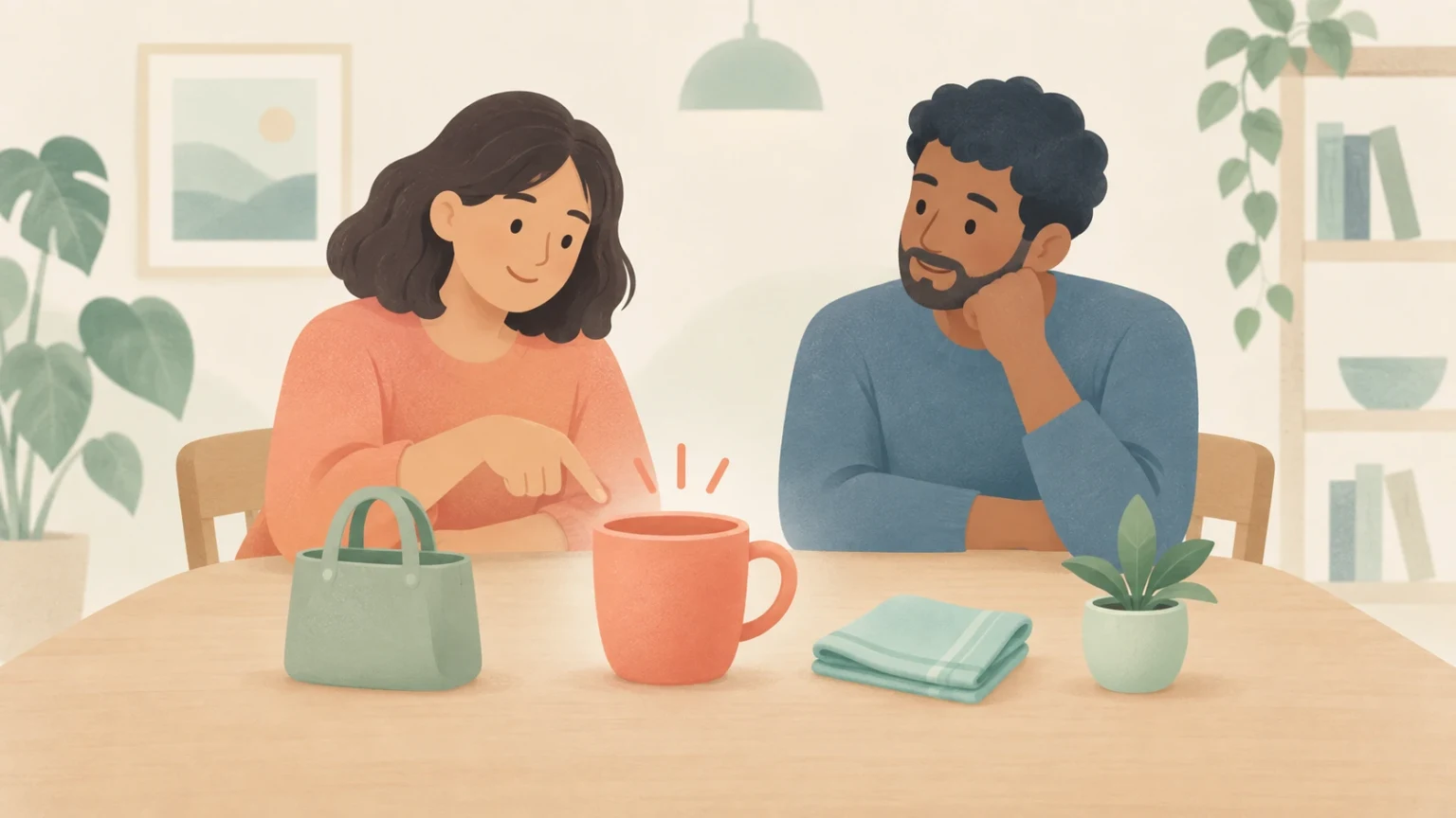 Editorial illustration of a woman pointing at a warm mug on a table next to a handbag while a man watches attentively.