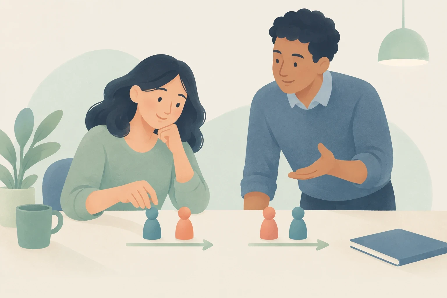 Two colleagues at a desk examine paired figurines representing workplace collaboration and pronoun ordering.
