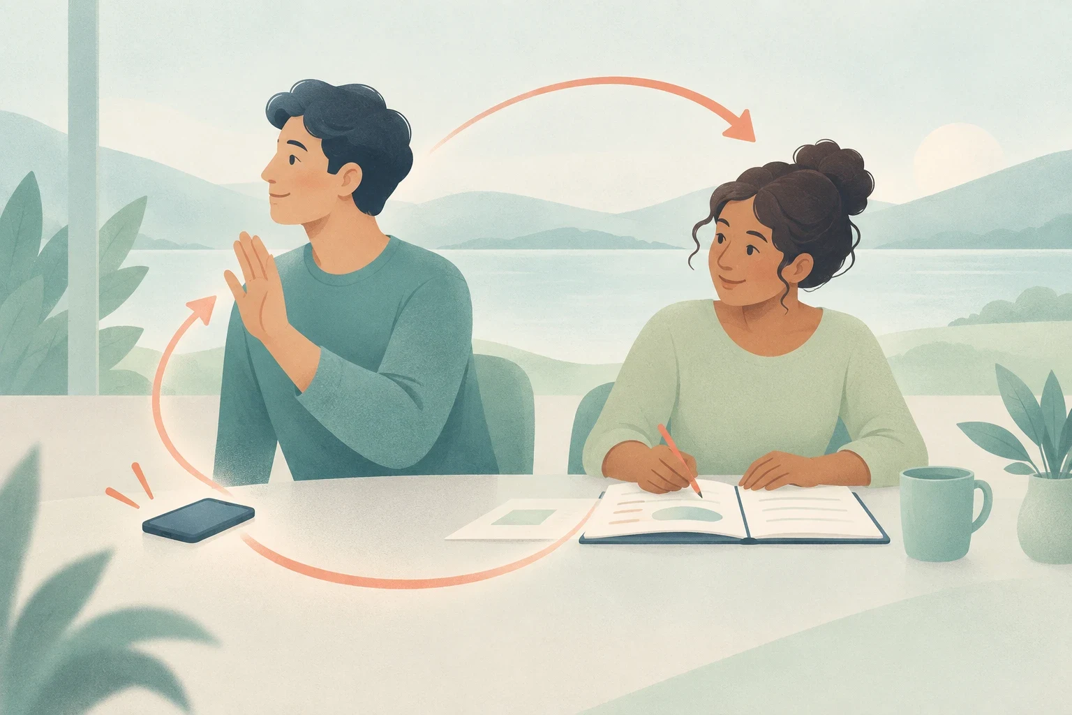 Editorial illustration of a man pausing work beside a ringing phone while a woman writes in a notebook, with red arrows showing redirection.
