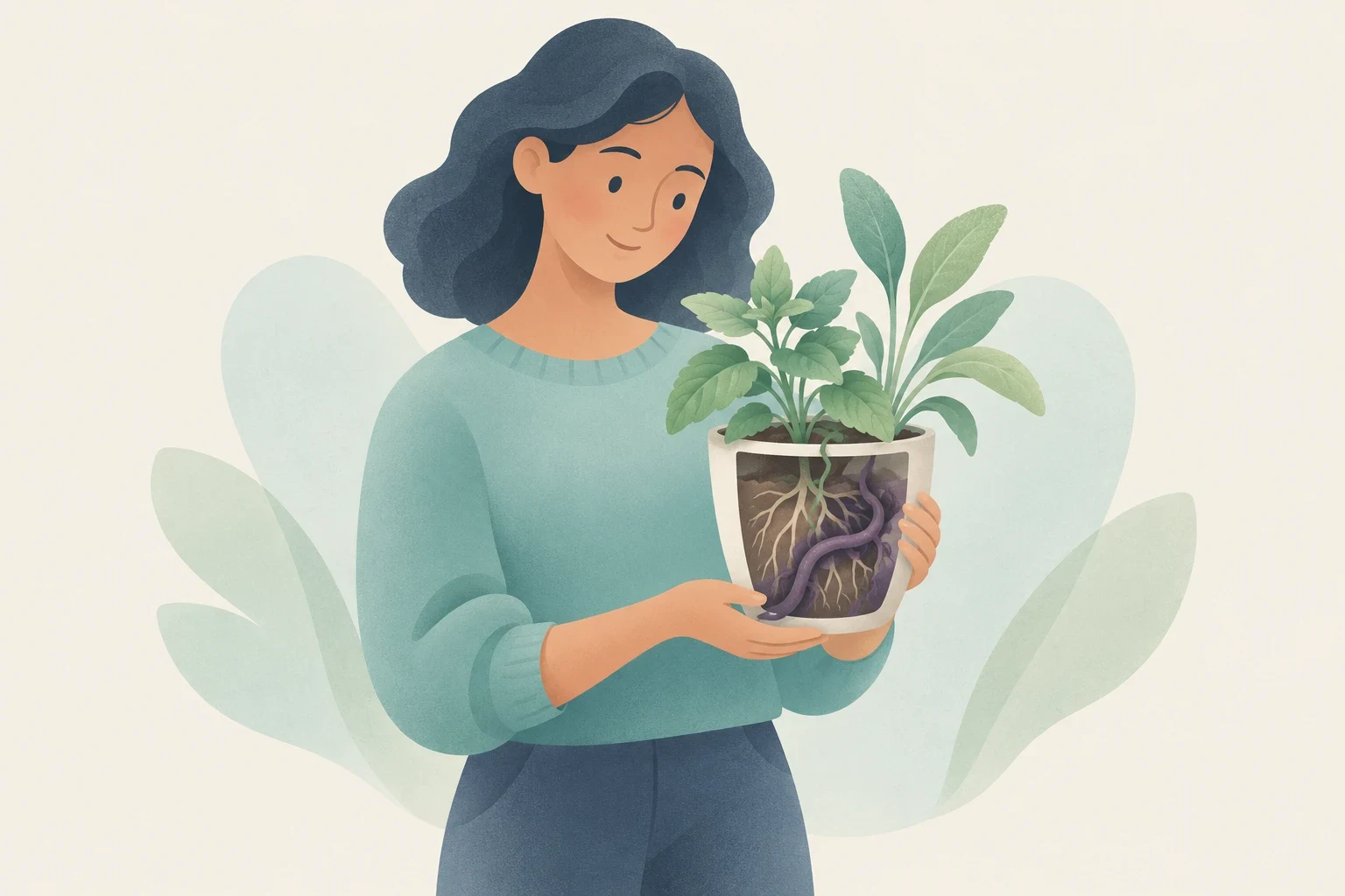 Editorial illustration of a smiling woman holding a potted plant, with a cutaway showing dark roots damaging healthy roots beneath the soil.