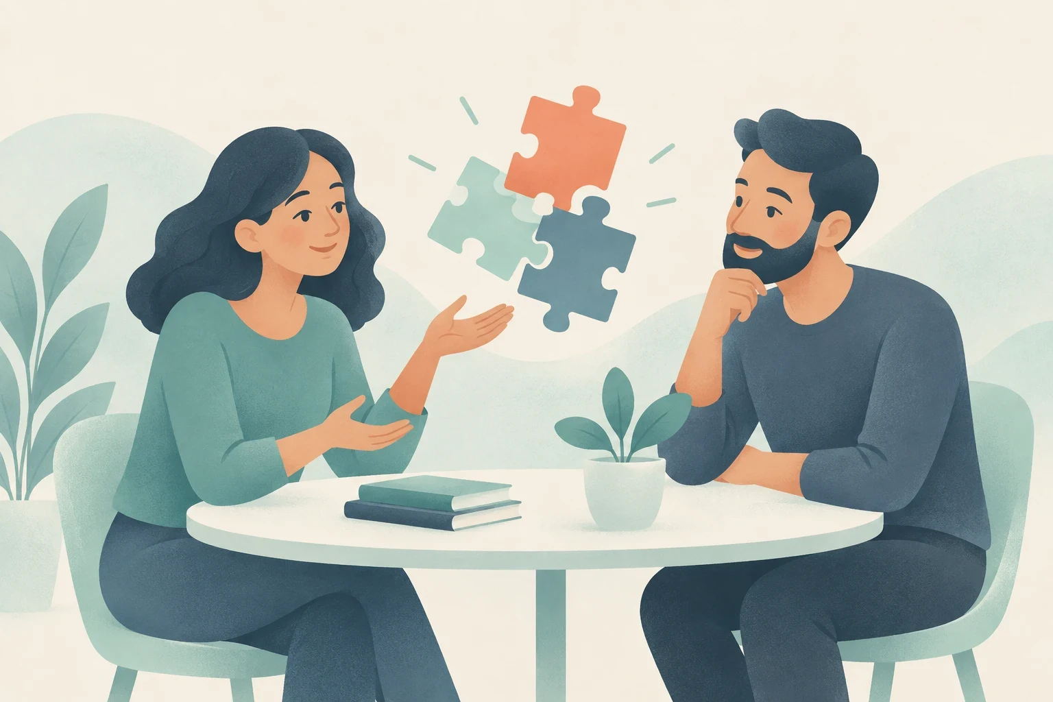 An editorial illustration of a man and a woman sitting at a table discussing ideas, with colorful puzzle pieces floating between them.