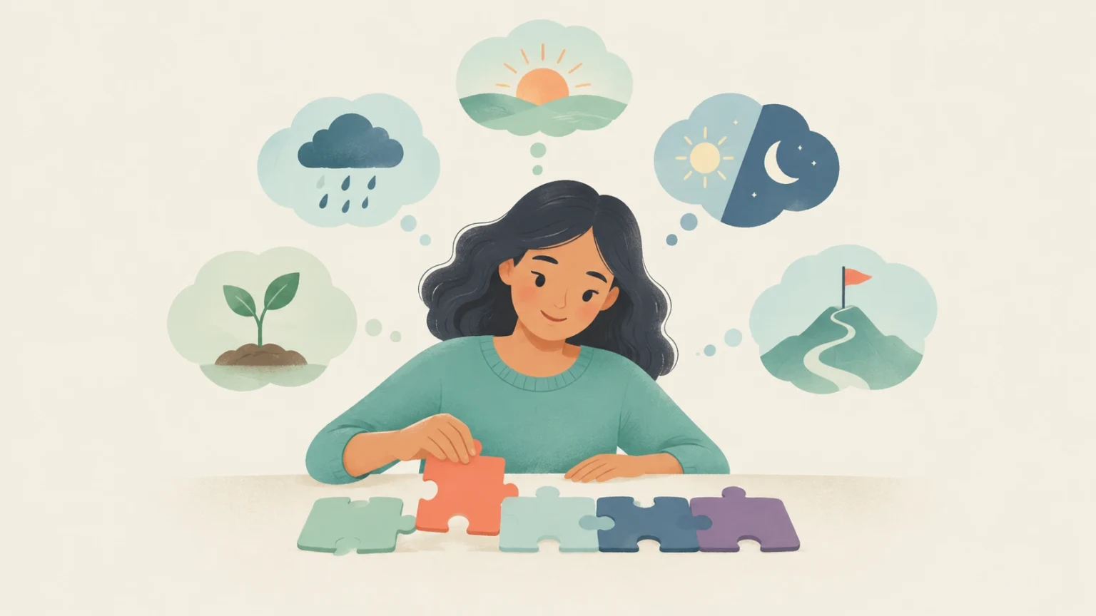 An illustration of a woman connecting colorful puzzle pieces on a table, with thought bubbles above symbolizing time, contrast, and goals.