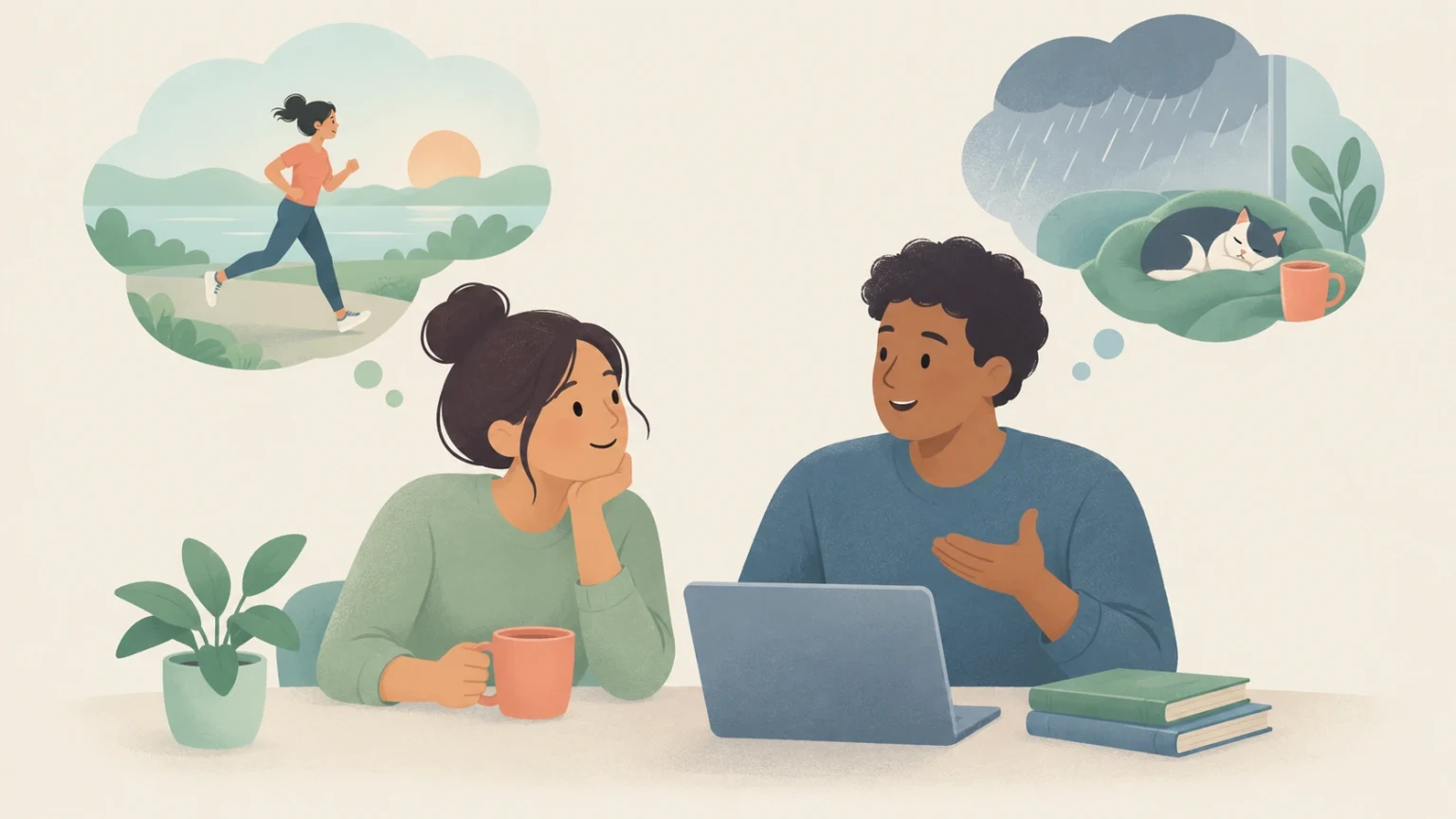 A man and woman sit at a table with thought bubbles illustrating outdoor jogging at sunset and a cozy cat inside while it rains.