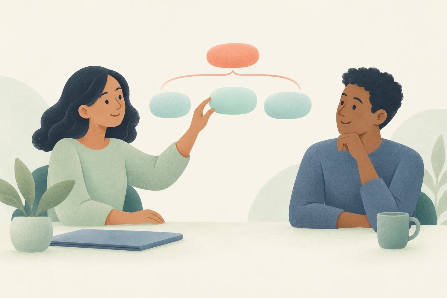 An editorial illustration of a woman and a man seated at a table discussing a branching diagram.