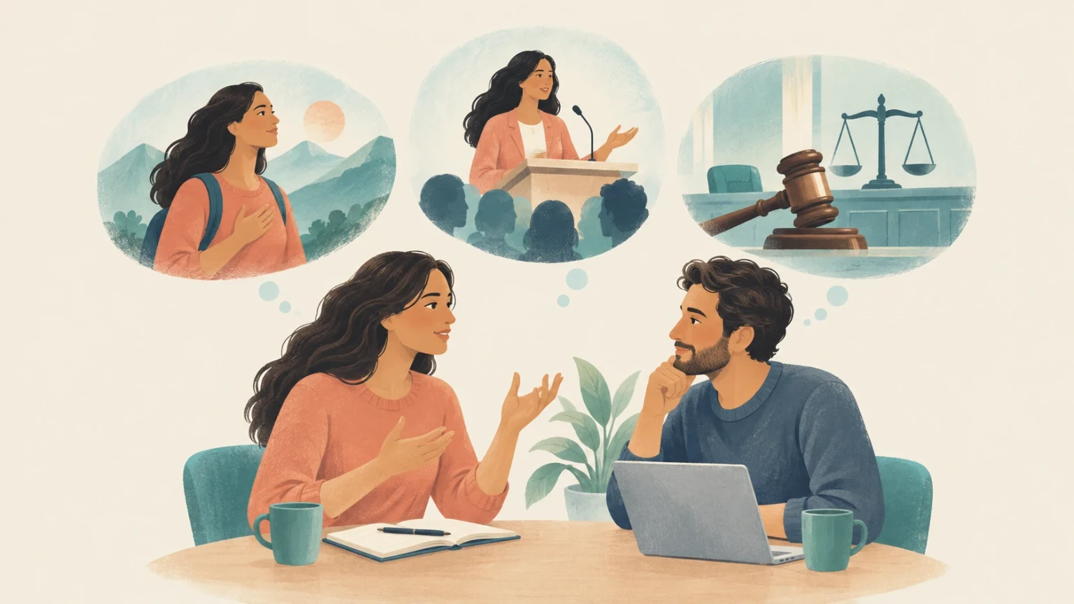 Two colleagues at a desk with thought bubbles illustrating personal belief, public speaking with conviction, and a judicial gavel with scales.
