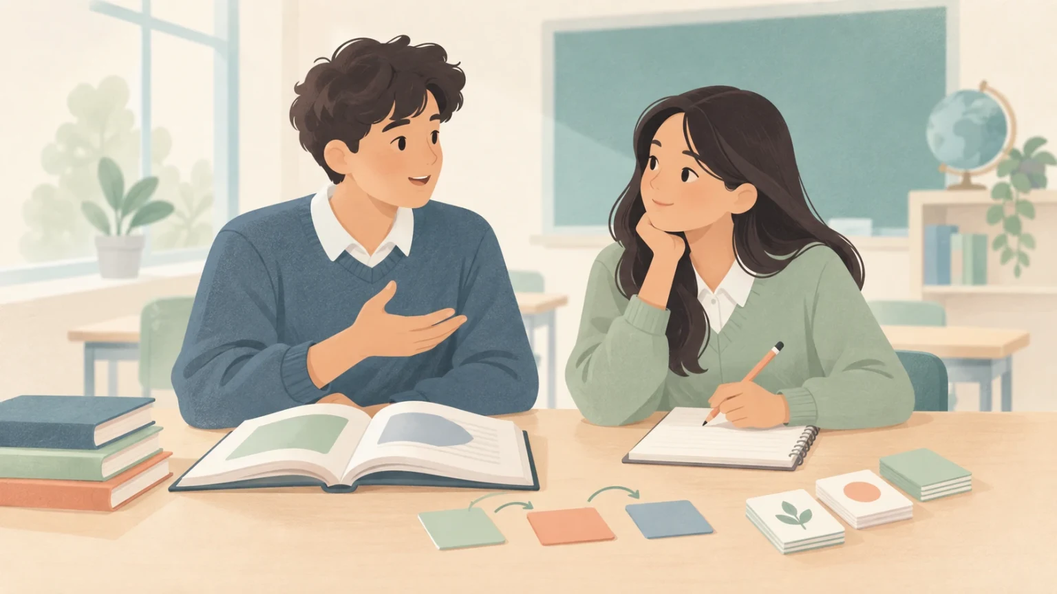 Two high school students study together at a classroom desk with an open textbook, notebook, and learning cards.