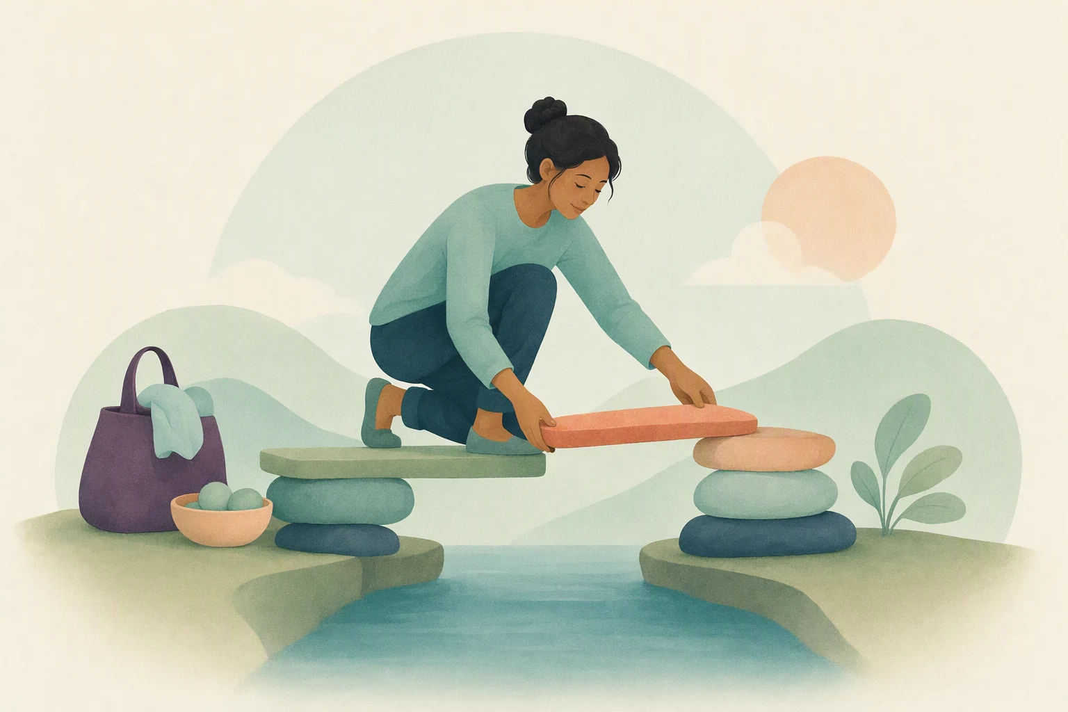 A crouching woman builds a makeshift bridge across a stream using planks and stacked stones, illustrated in soft pastel colors.