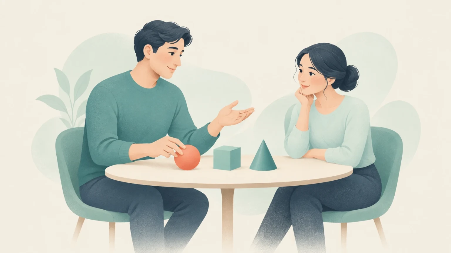 A man and a woman sit at a round table having a conversation, with geometric shapes including a sphere, cube, and cone resting between them.