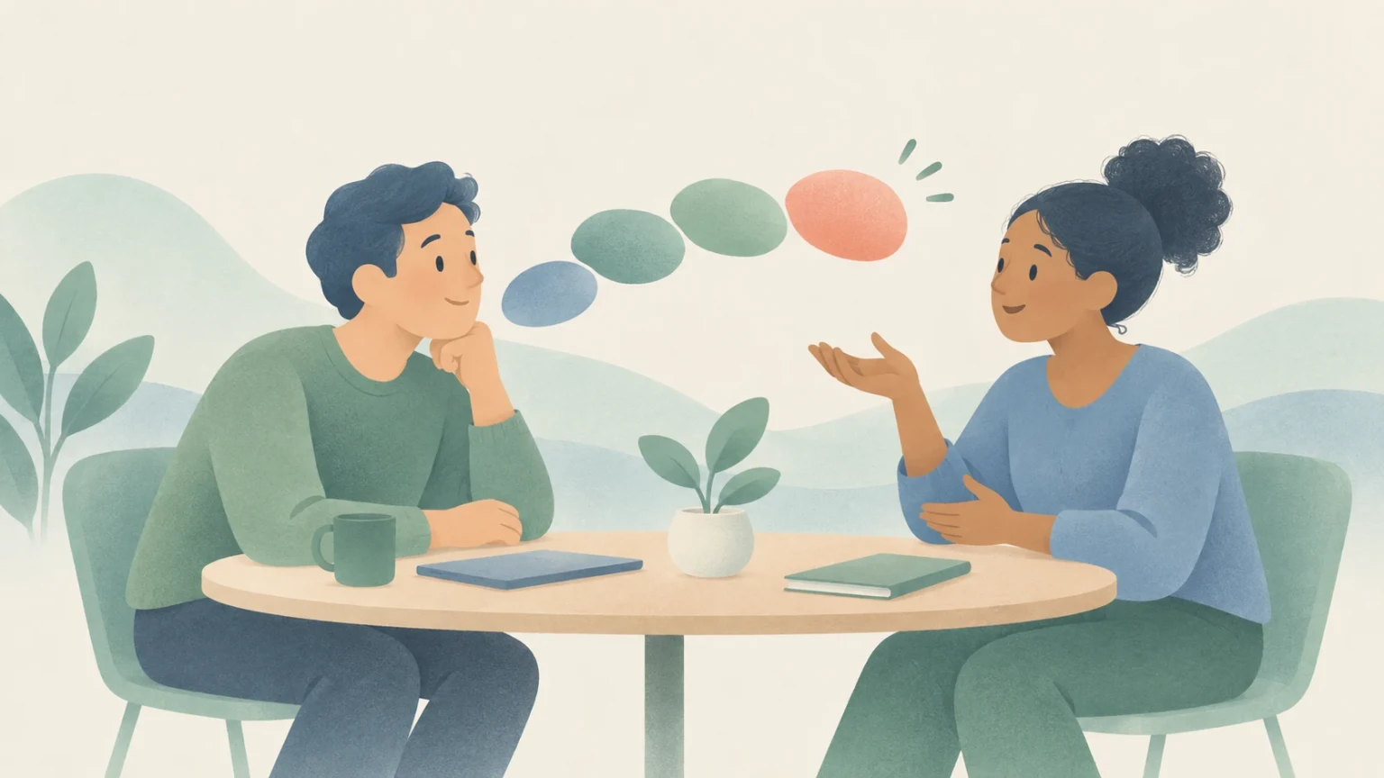 An editorial illustration of two people seated at a round table conversing calmly, with progressive speech bubbles connecting their ideas.