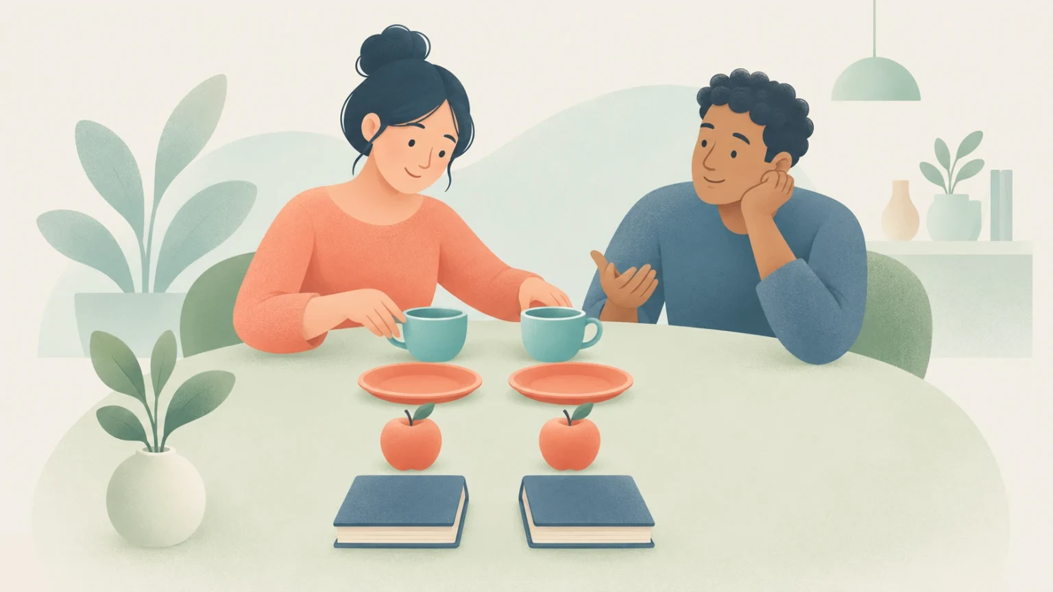 An editorial illustration of two people talking at a table with balanced pairs of teacups, saucers, apples, and books.