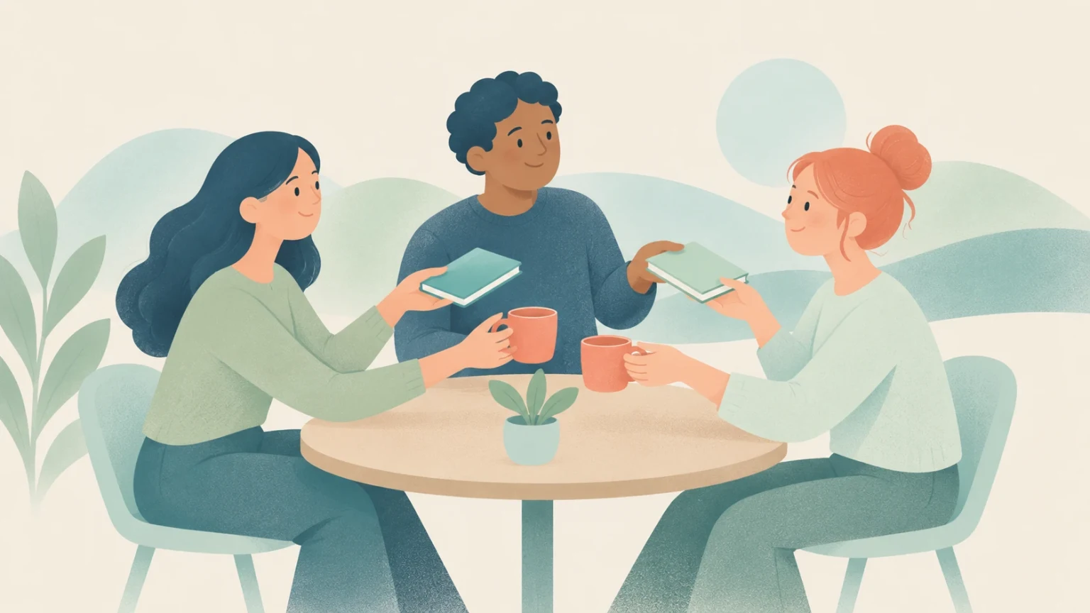 Three people sit around a table sharing books and coffee in a modern editorial illustration.