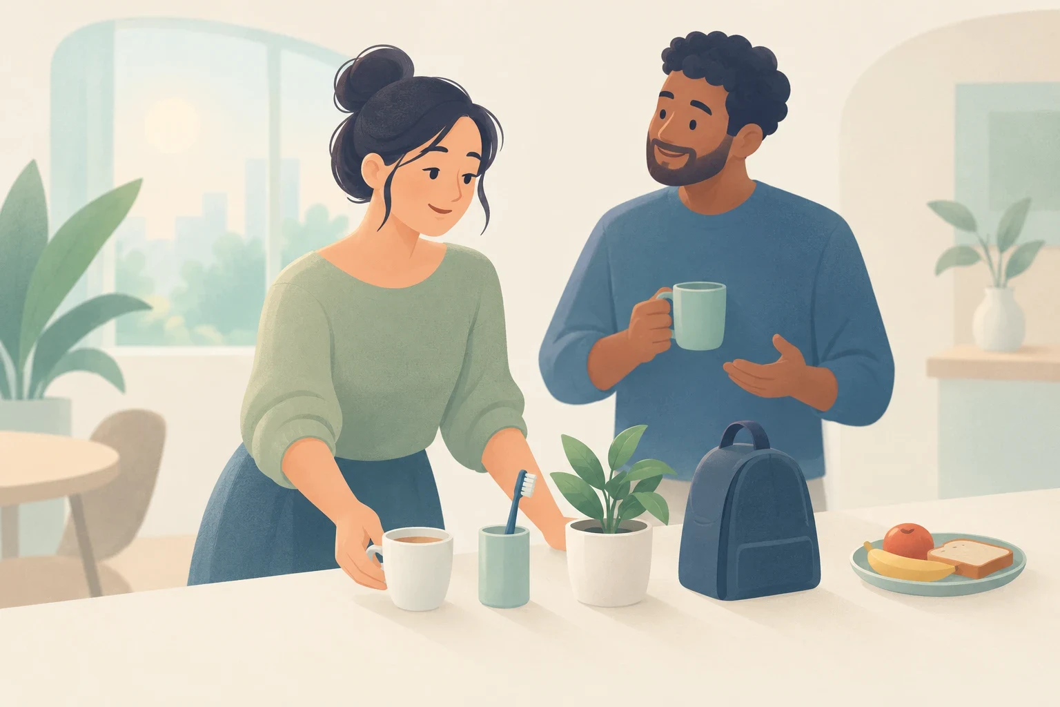 An editorial illustration of a man and a woman in a kitchen having morning coffee and preparing for the day.