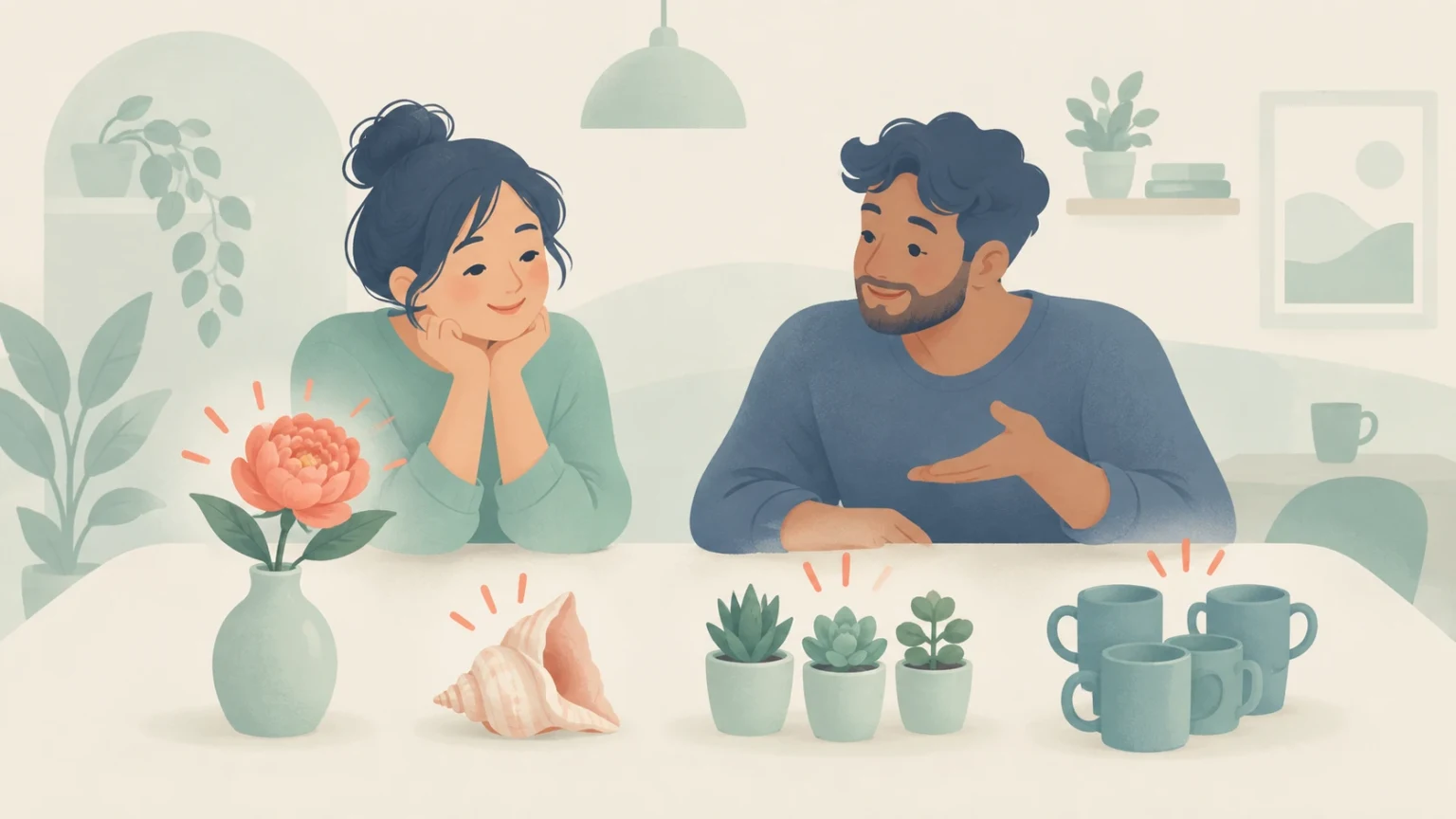 A man and a woman sit at a table admiring objects including a flower in a vase, a seashell, potted succulents, and mugs.