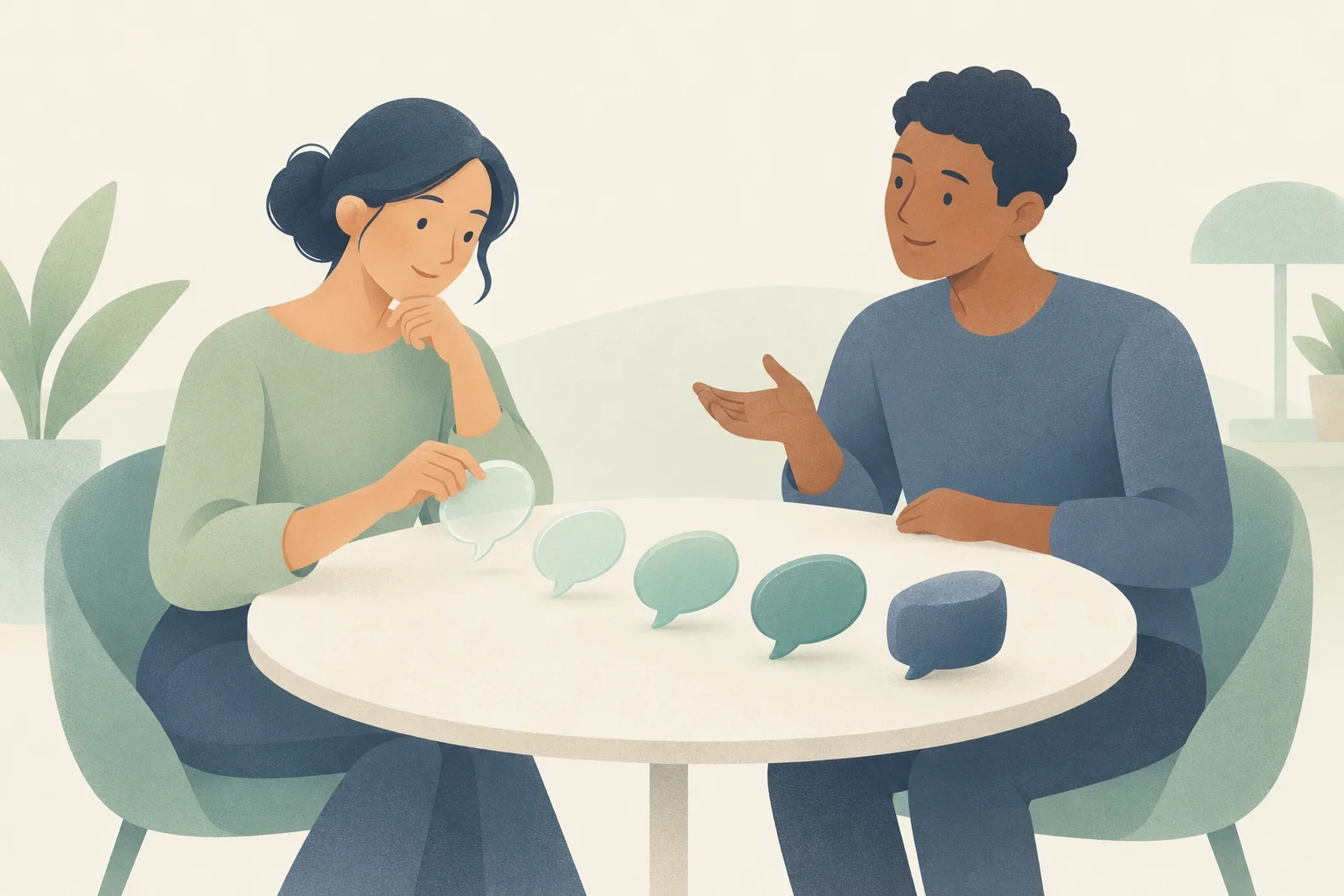 Two people sitting at a table thoughtfully considering a row of speech bubble icons with varying shades.