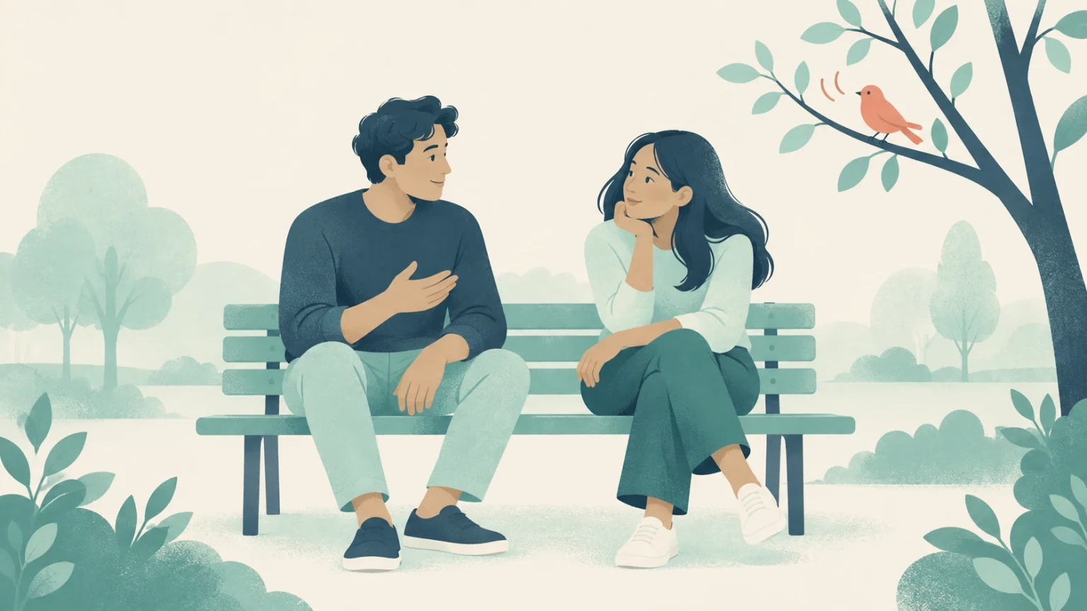 Editorial illustration of a woman on a park bench listening attentively to a man speaking, with a bird singing in a tree nearby.