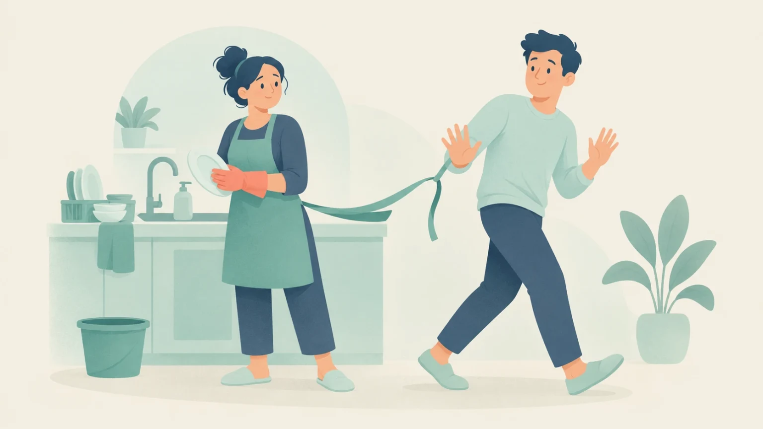 A man steps away with raised hands while a woman washes dishes, her long apron ties stretching toward his wrist, suggesting avoidance of chores.