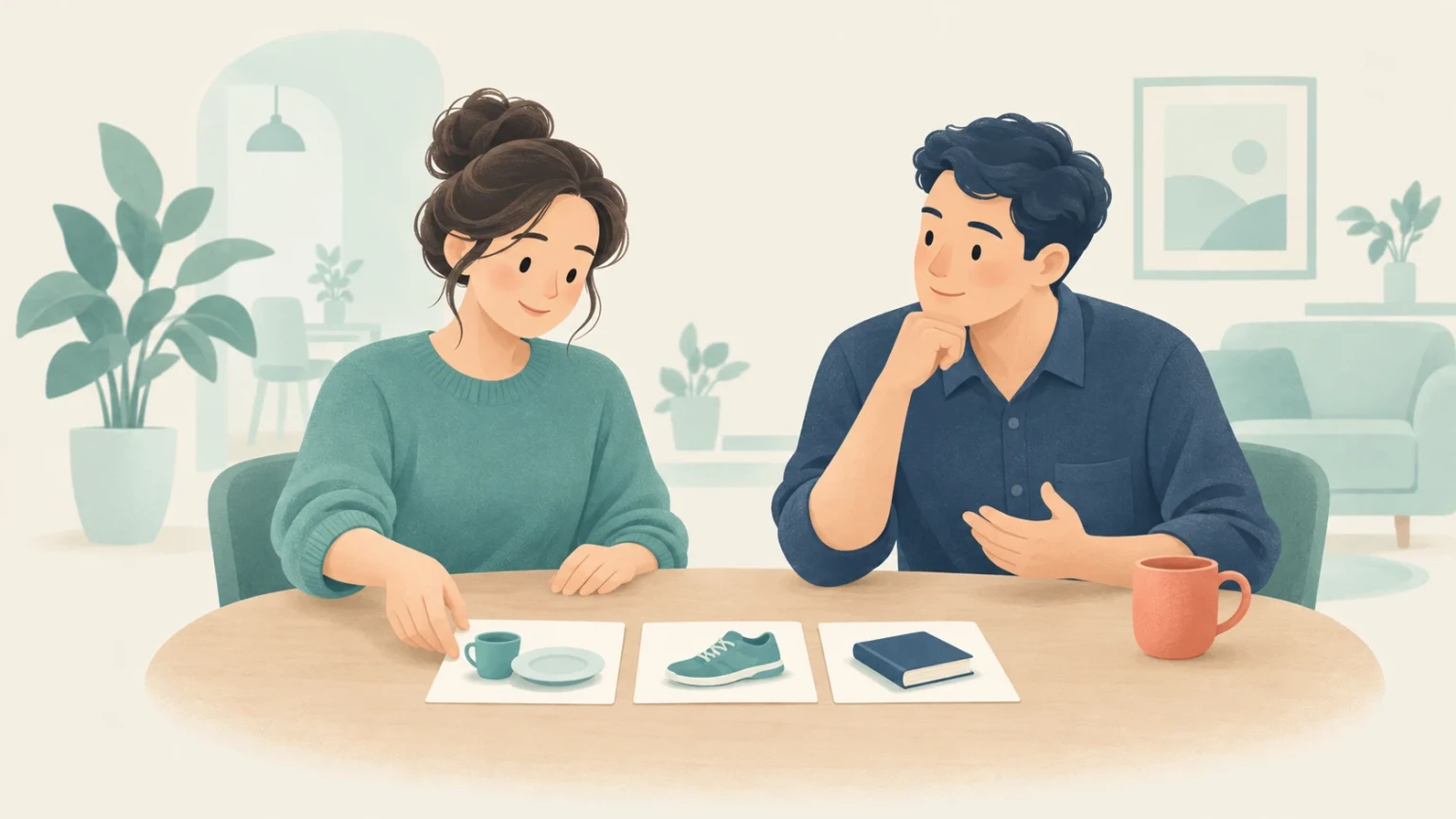 A woman and man sit at a table discussing prompt cards showing a cup, a sneaker, and a book.