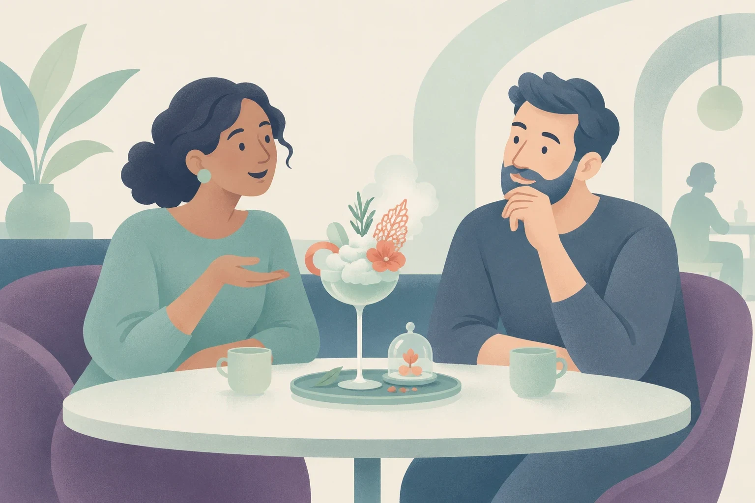 An editorial illustration of a man and woman at a café table observing an overly elaborate, smoking dessert in a tall goblet.