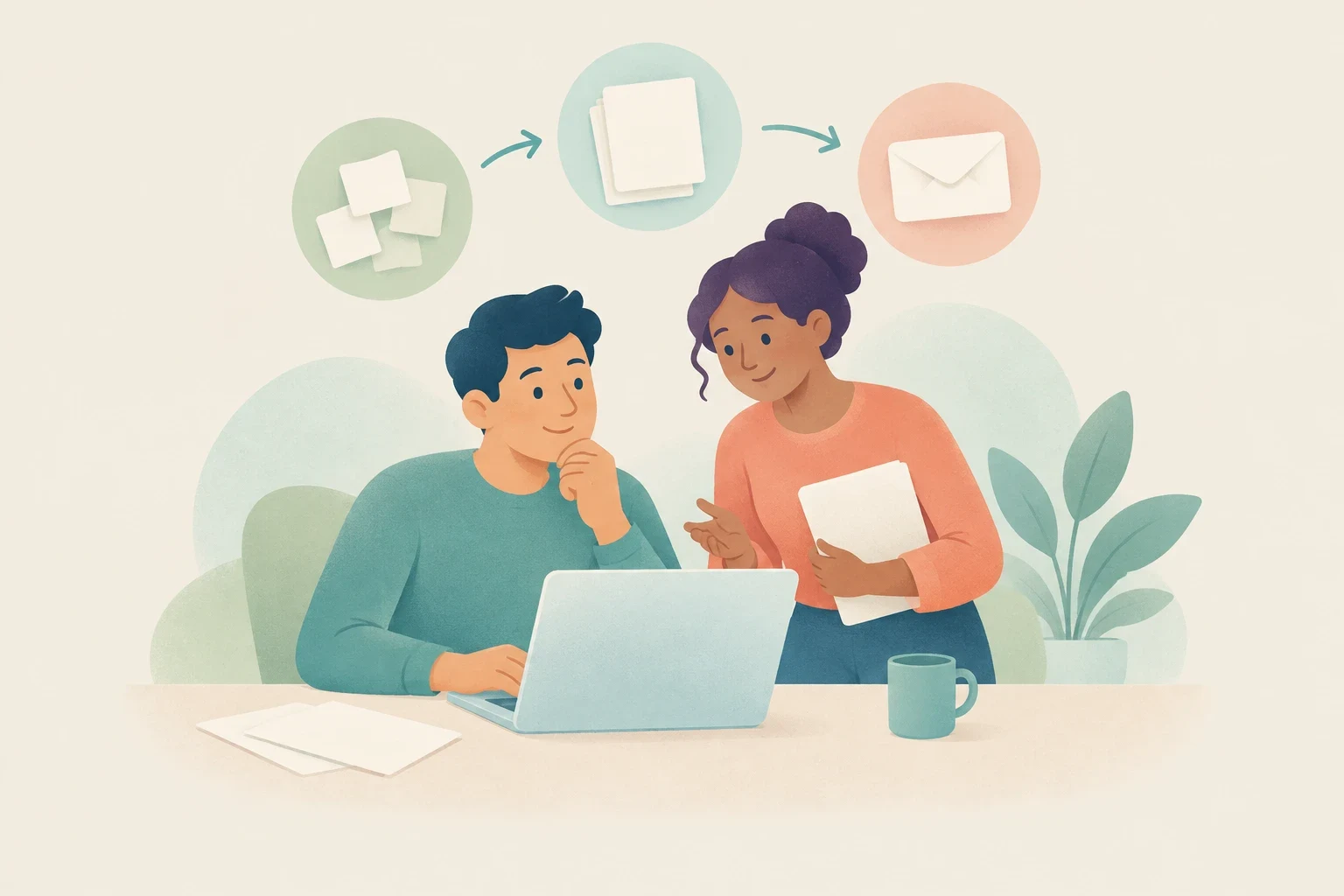 Editorial illustration of two colleagues collaborating at a laptop, with workflow icons above showing a routine from brainstorming notes to a finalized message.