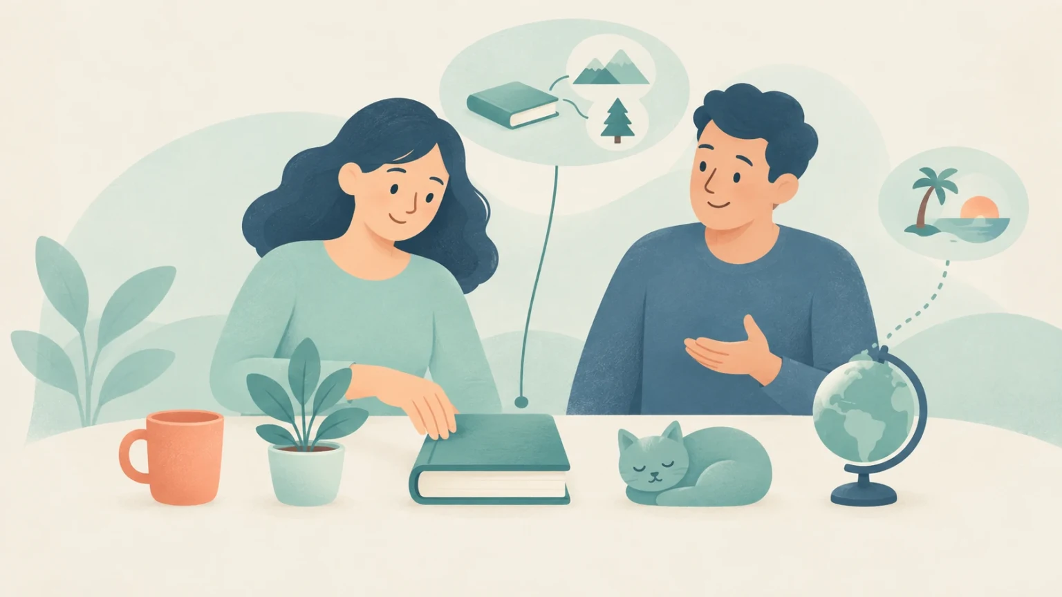 An editorial illustration of two people at a table with everyday objects, connecting a book and a globe to descriptive thought bubbles.