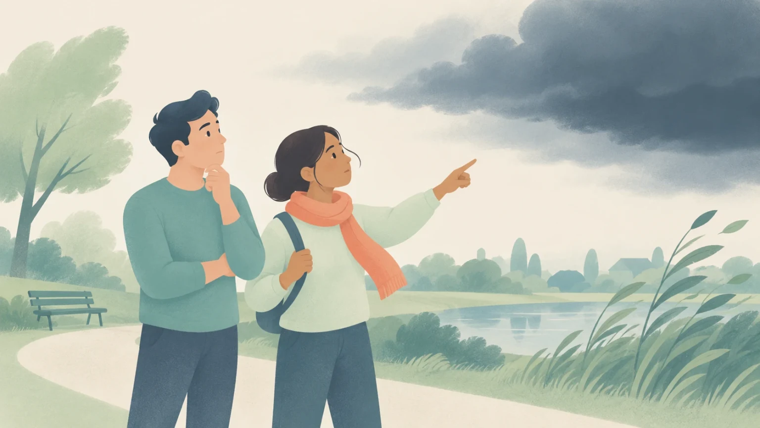 A man and a woman in a park look up with concern as dark, ominous storm clouds gather across the sky.