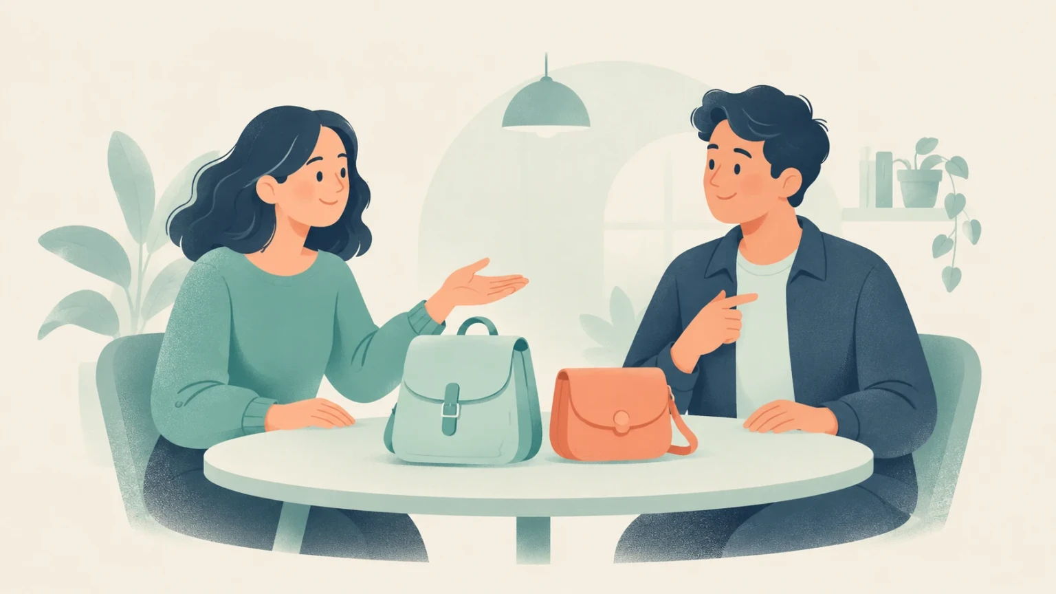 A woman and a man sit at a round table discussing two different bags placed between them in an editorial illustration.