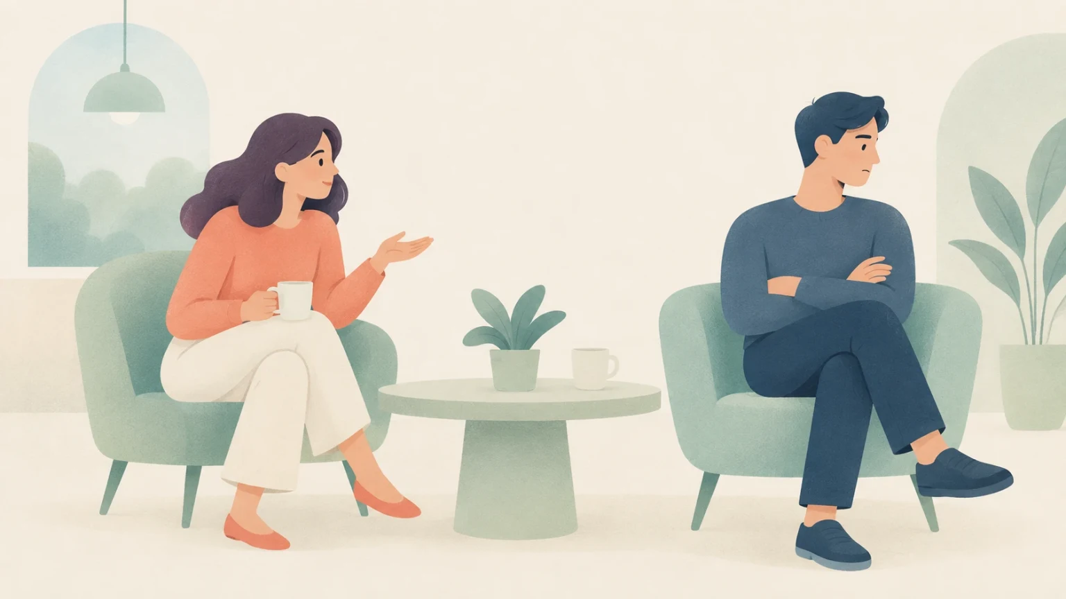 Editorial illustration of a woman speaking with a cup in hand while a man sits opposite her with crossed arms, looking away detachedly.