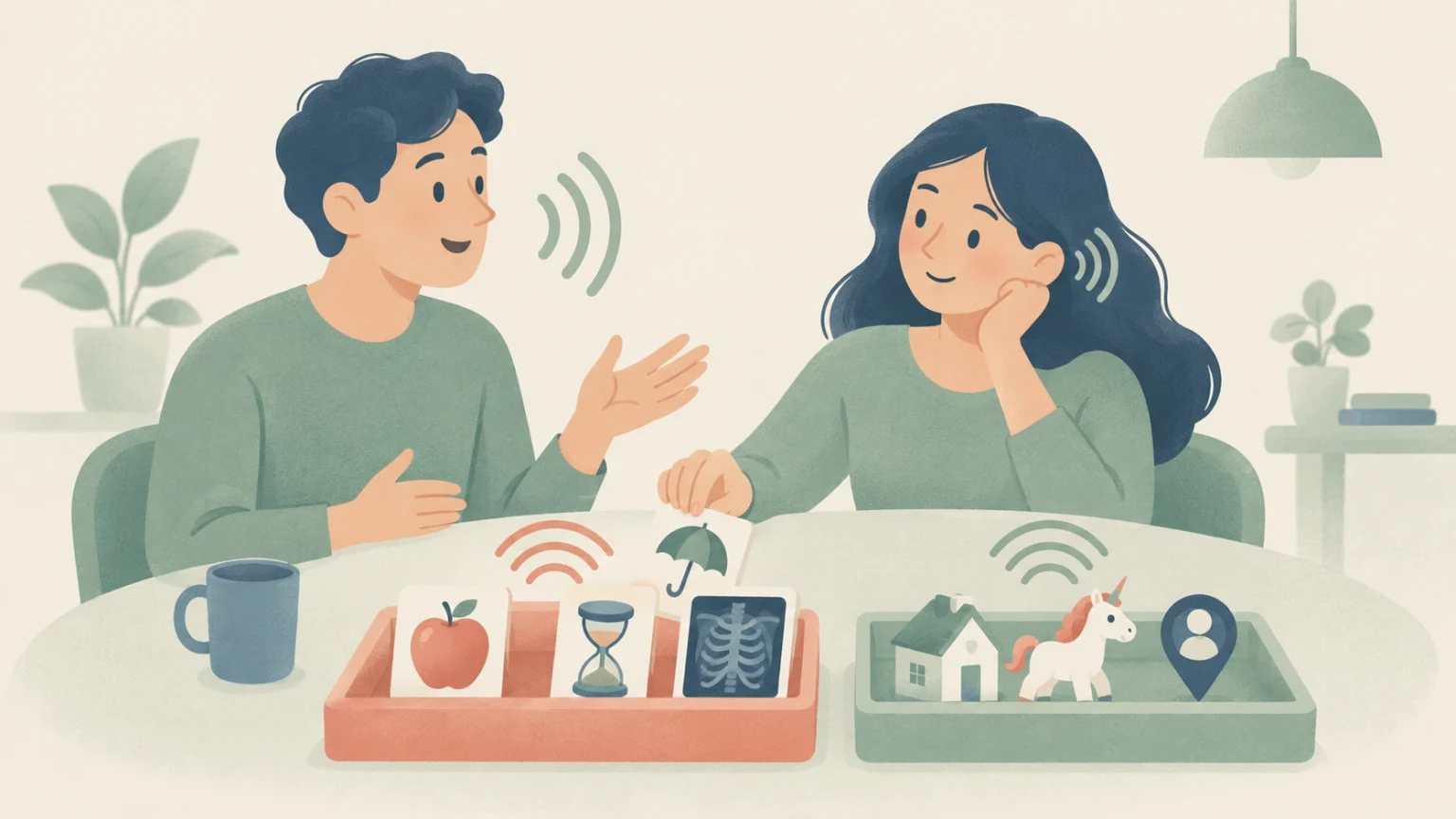 An editorial illustration of two people at a table sorting cards and miniatures of an apple, hourglass, umbrella, house, and unicorn.