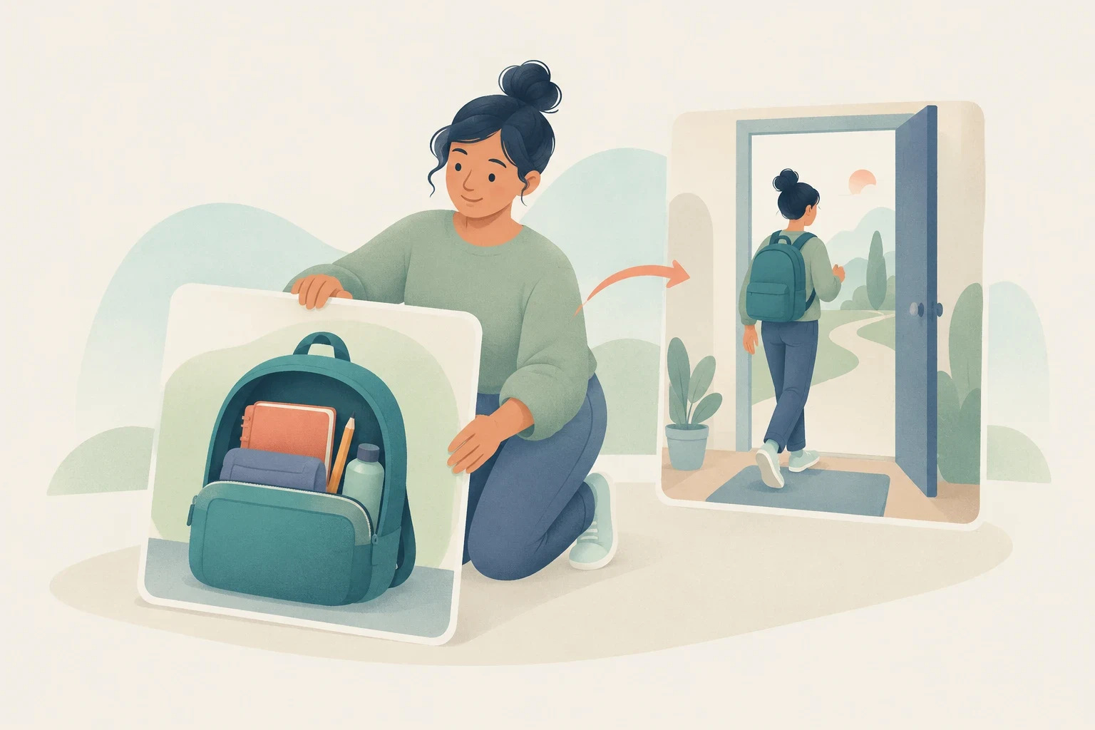 A woman kneels holding an illustration of a packed backpack, with an arrow leading to her walking out an open door with the backpack.
