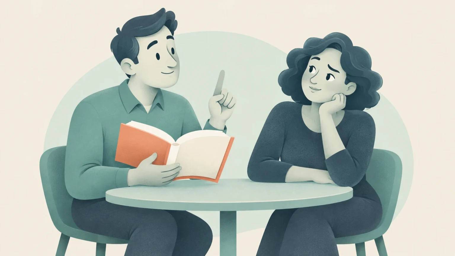 Editorial illustration of a man sitting at a table with an open book, gesturing lecture-style with an index finger toward a woman listening attentively.