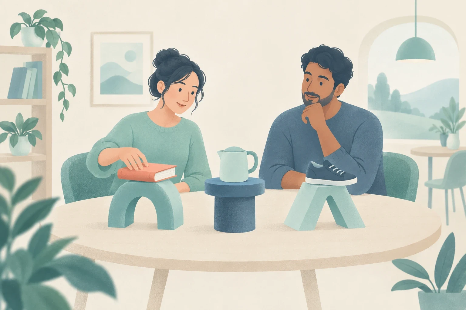 A man and a woman sit at a table with everyday objects resting on geometric support stands.