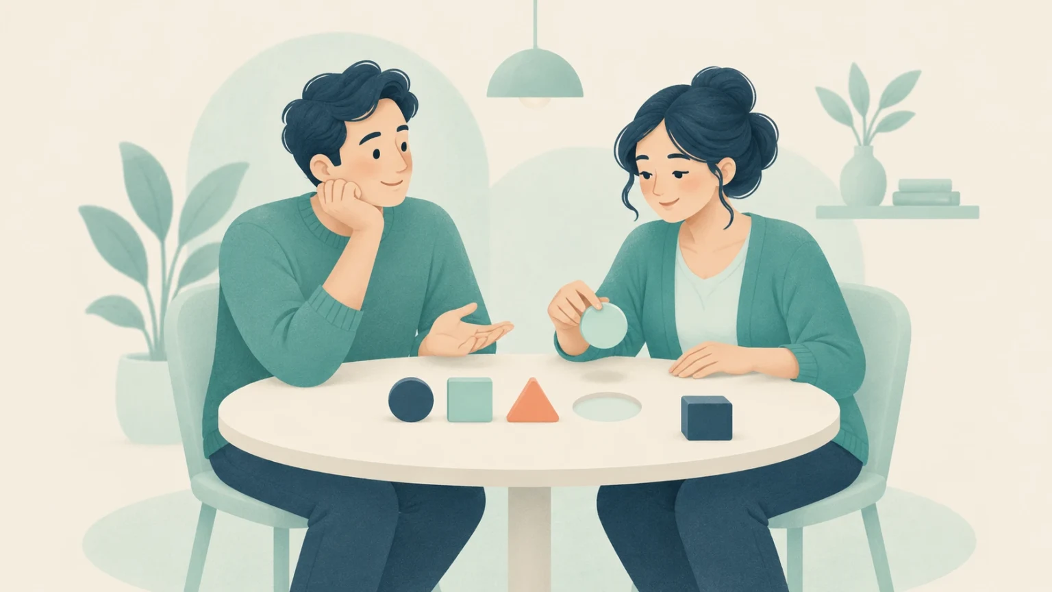 A man and woman sit at a table examining geometric blocks, with the woman fitting a circular piece into a matching slot.