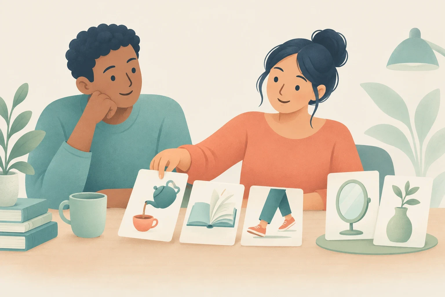 Editorial illustration of two learners at a table examining flashcards that show actions including pouring tea, turning book pages, and walking.