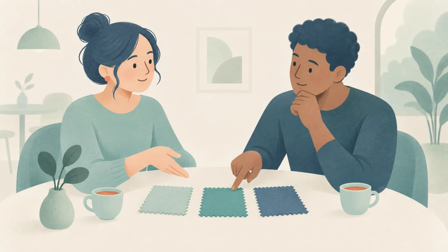 An editorial illustration of a man and a woman sitting at a table comparing three fabric swatches of varying shades of teal and blue.