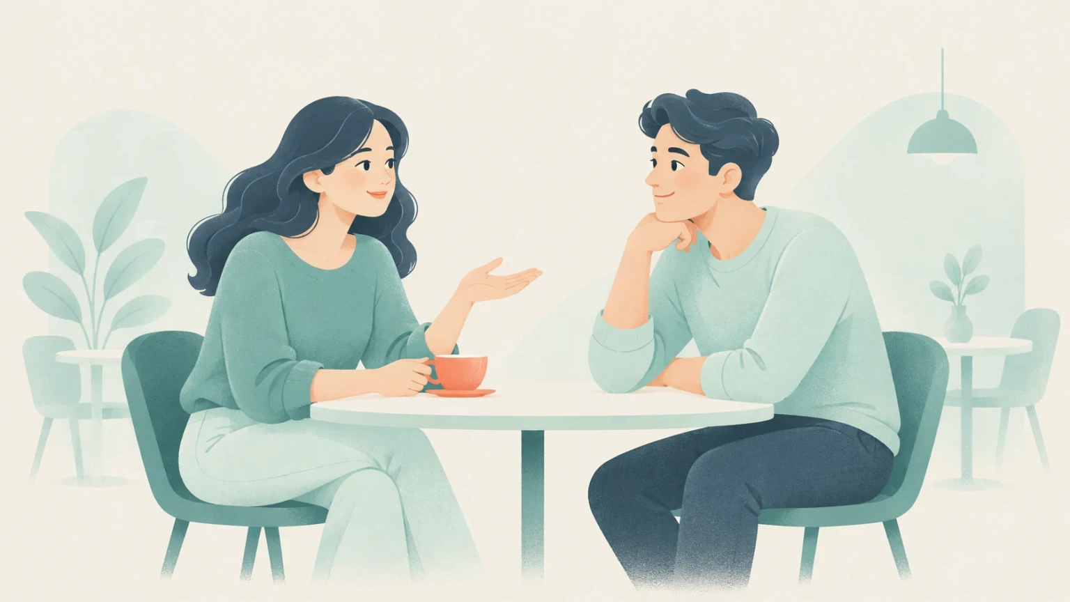 A woman and a man sit across from each other at a cafe table, engaged in an attentive and pleasant conversation over coffee.