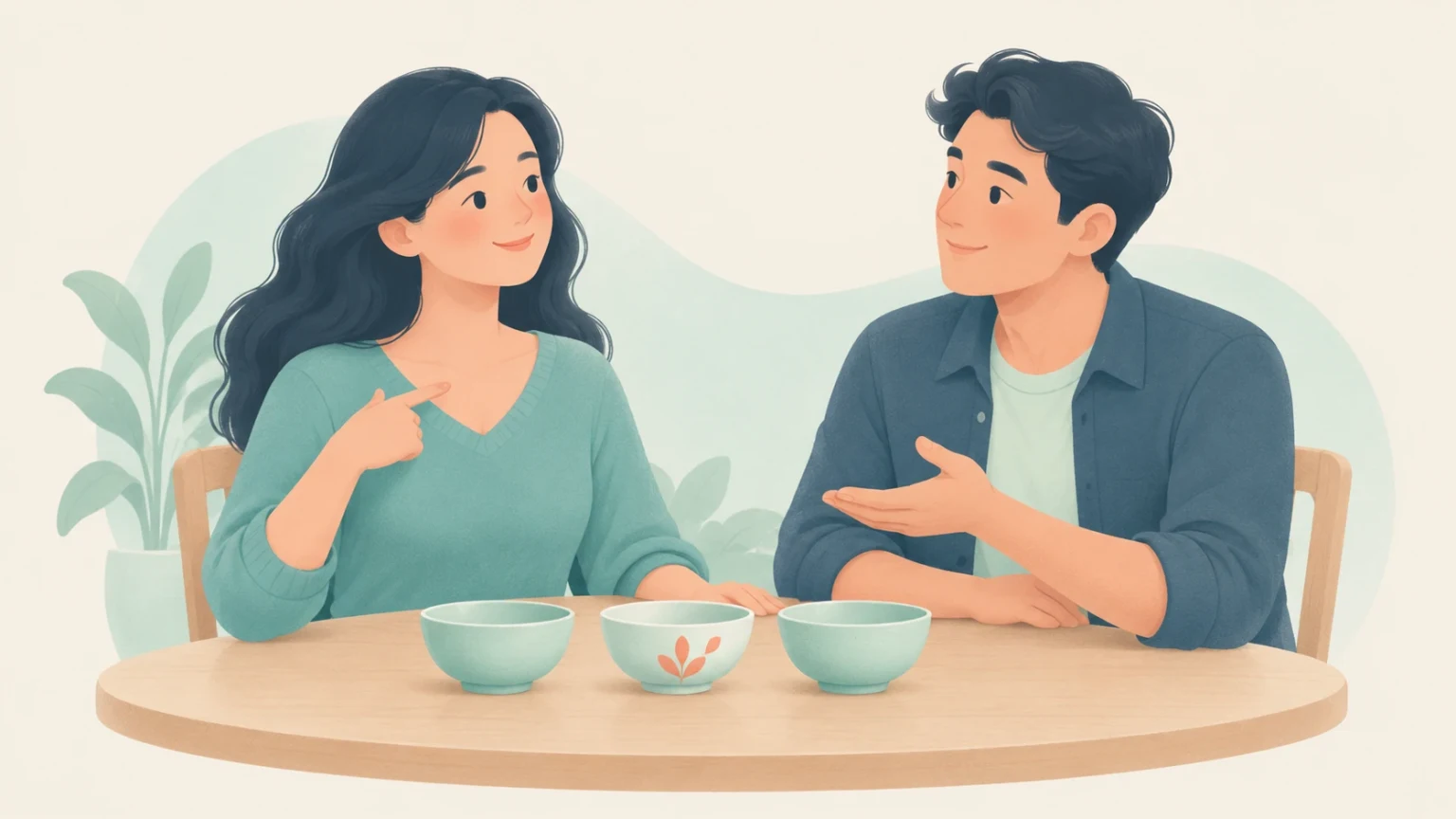 Editorial illustration of a woman pointing to herself while conversing with a man at a table with three ceramic bowls.
