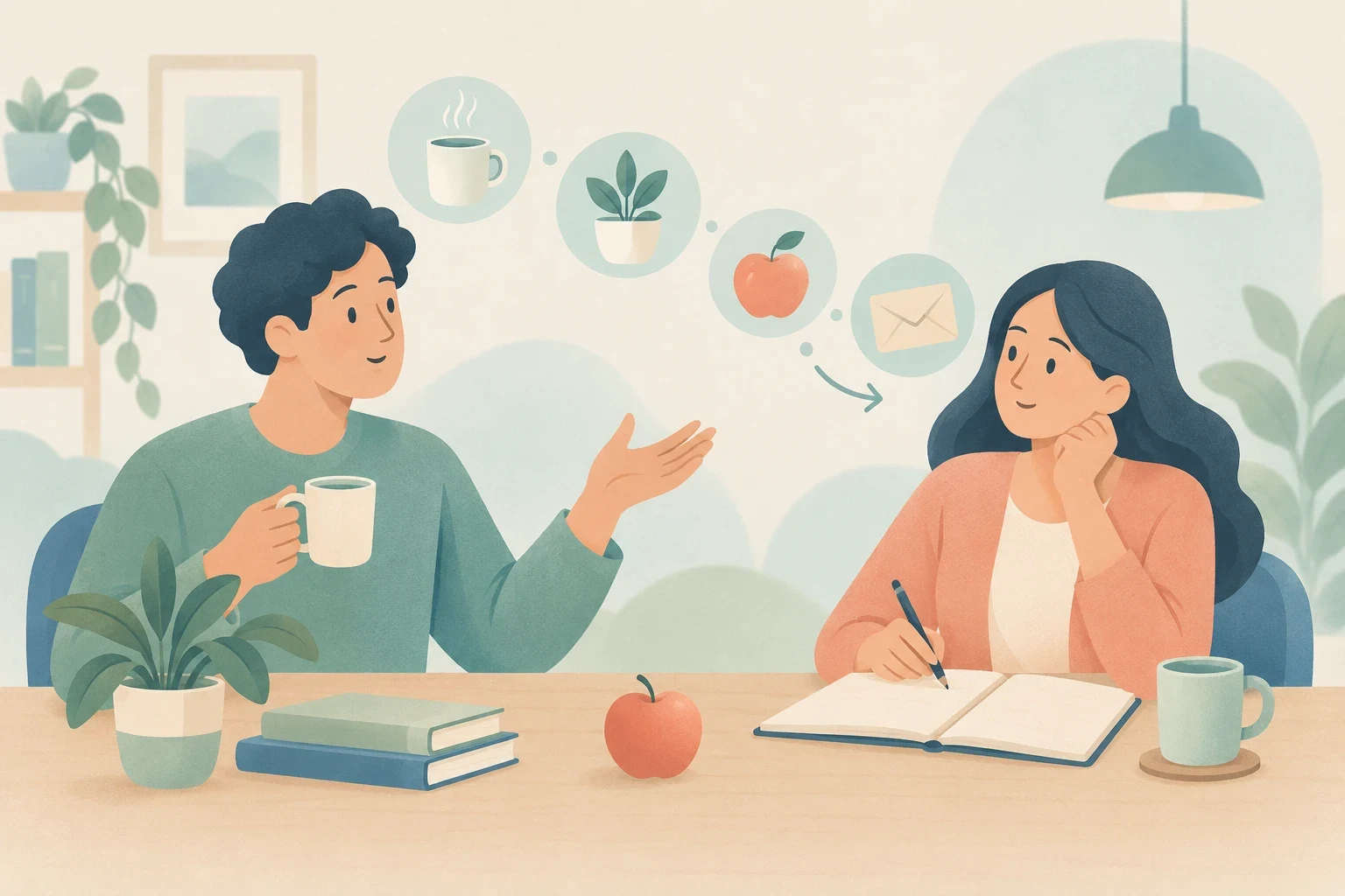 Editorial illustration of a man and woman at a table discussing vocabulary, with floating icons of daily objects connecting to an open notebook.